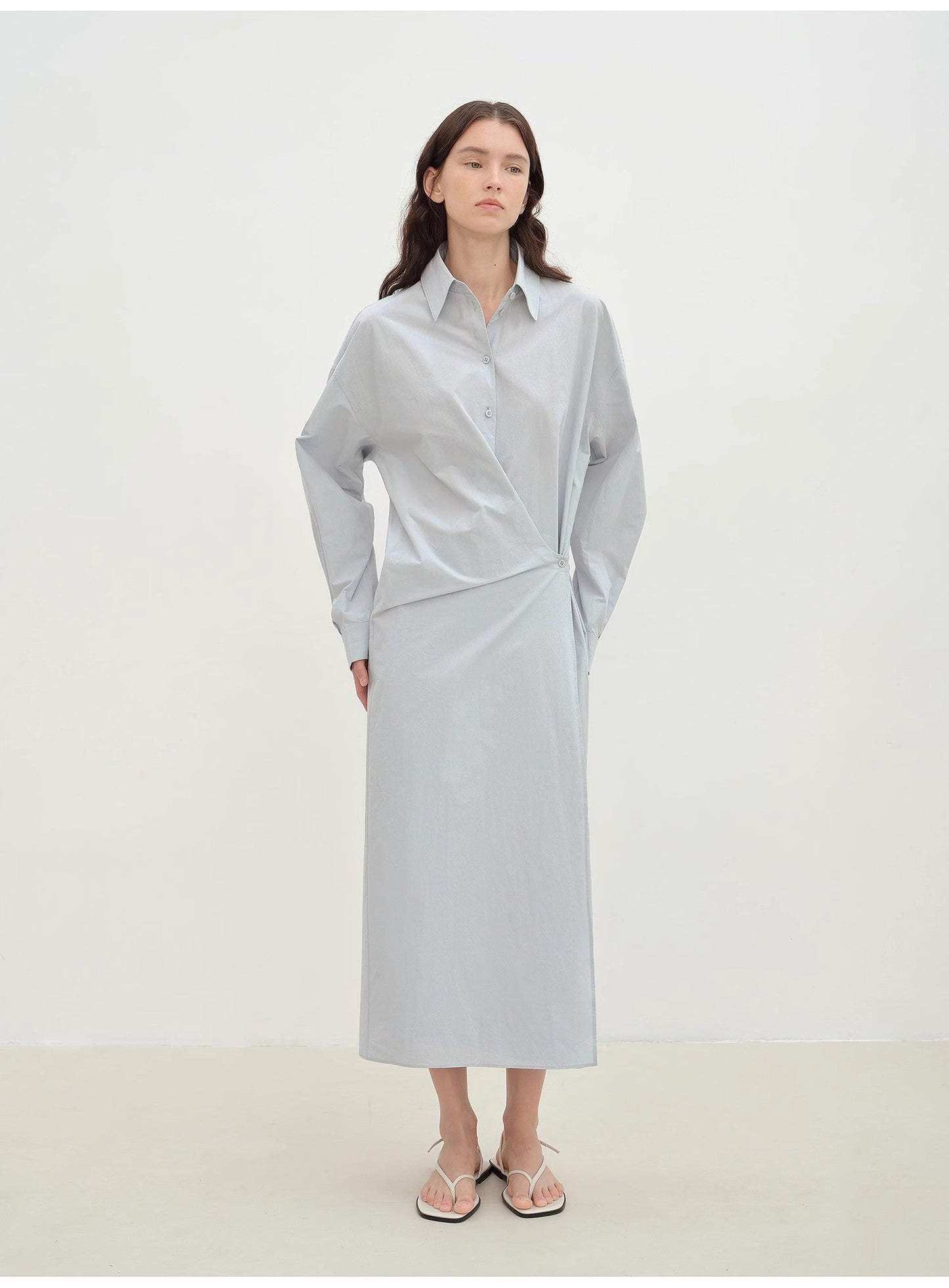"Romantic Vibes" Cross-Placket Loose Long-Staple Cotton Shirt Dress