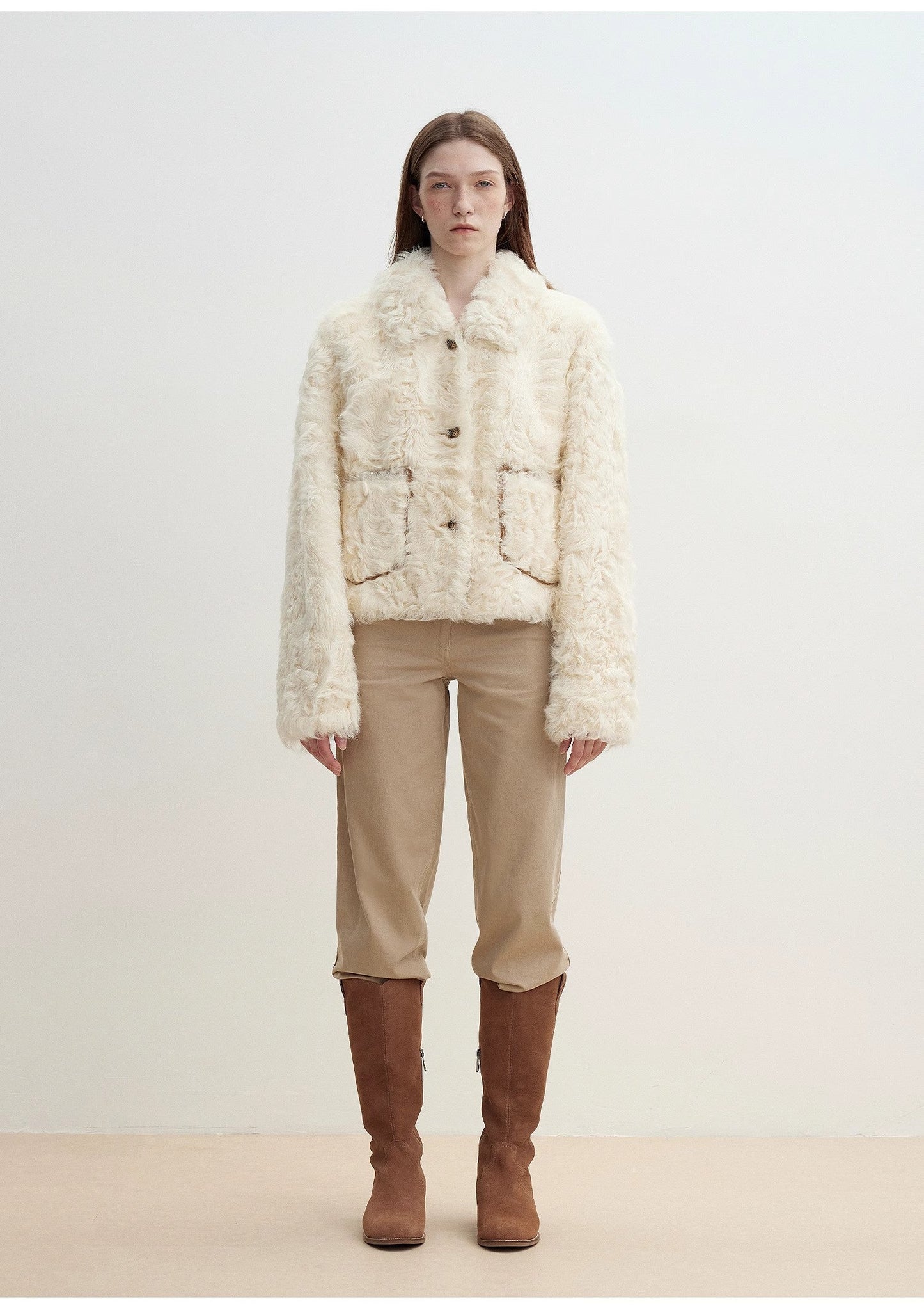 "Rachel" Frost-Smudged Two-Tone Sheepskin Lapel Coat