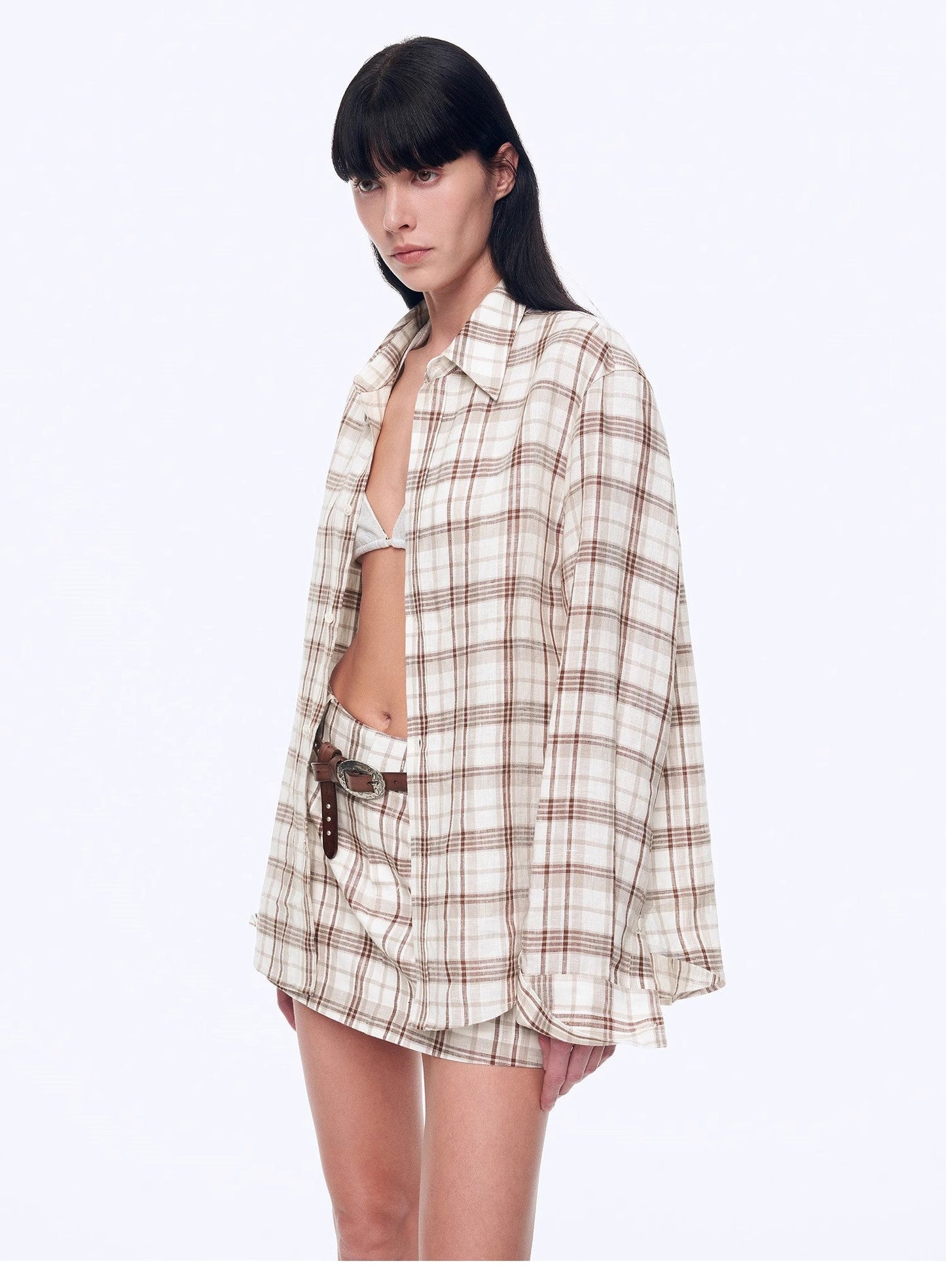 Vintage Linen Shirt Skirt Two-Piece Spring"Plaid Sketch"