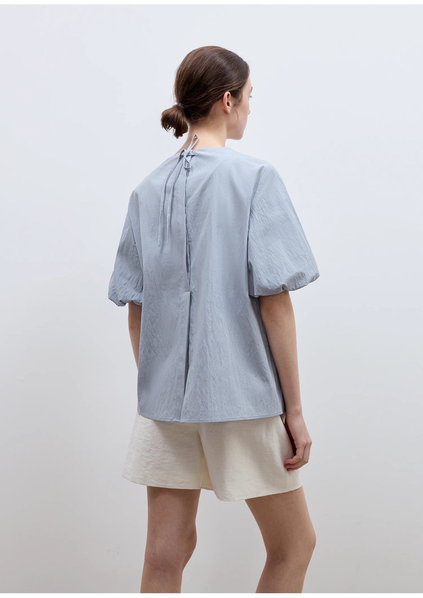 Neckline Pleated Design Round Neck Tie Puff Sleeve Short Sleeve Shirt