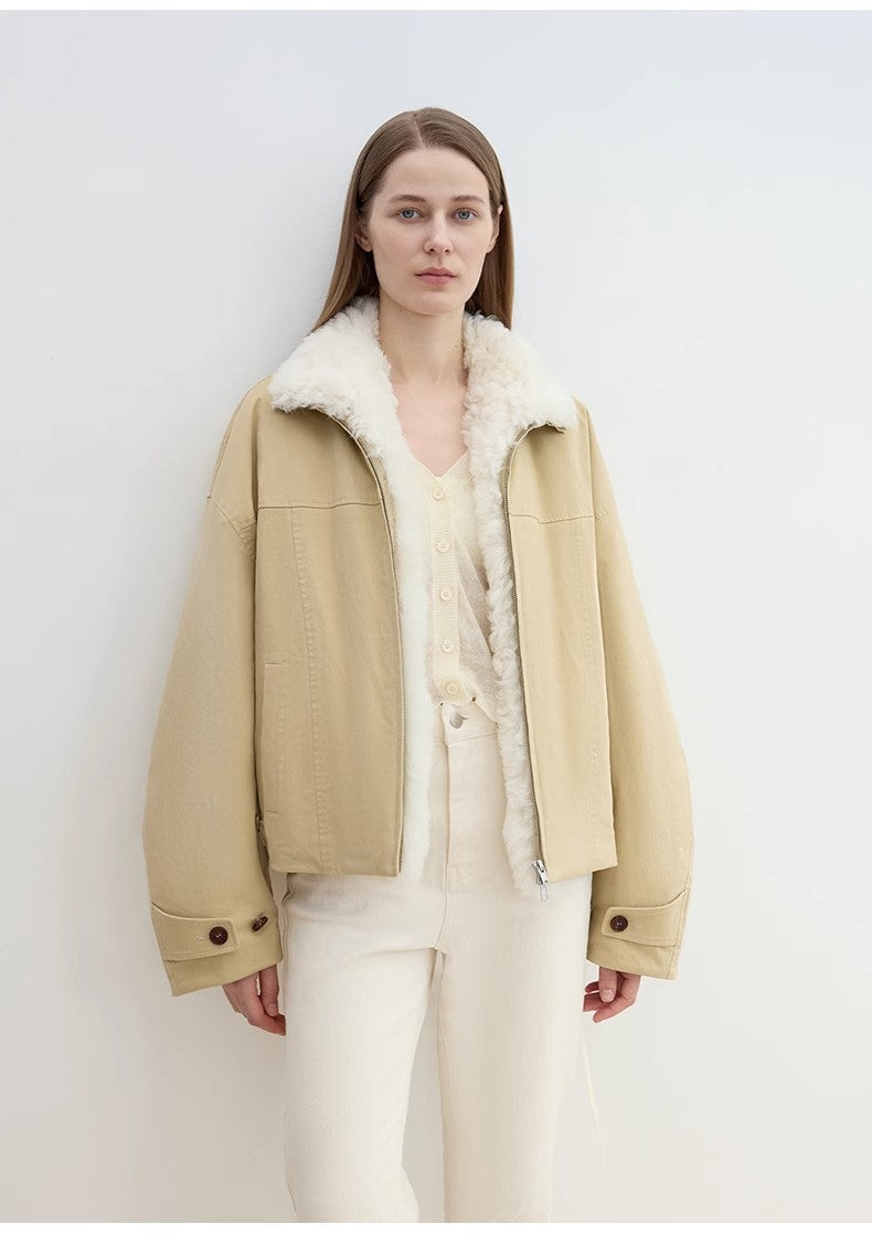 "Rebellious Escape" Detachable Contrasting Color Shearling Fur Collar Down Short Parka