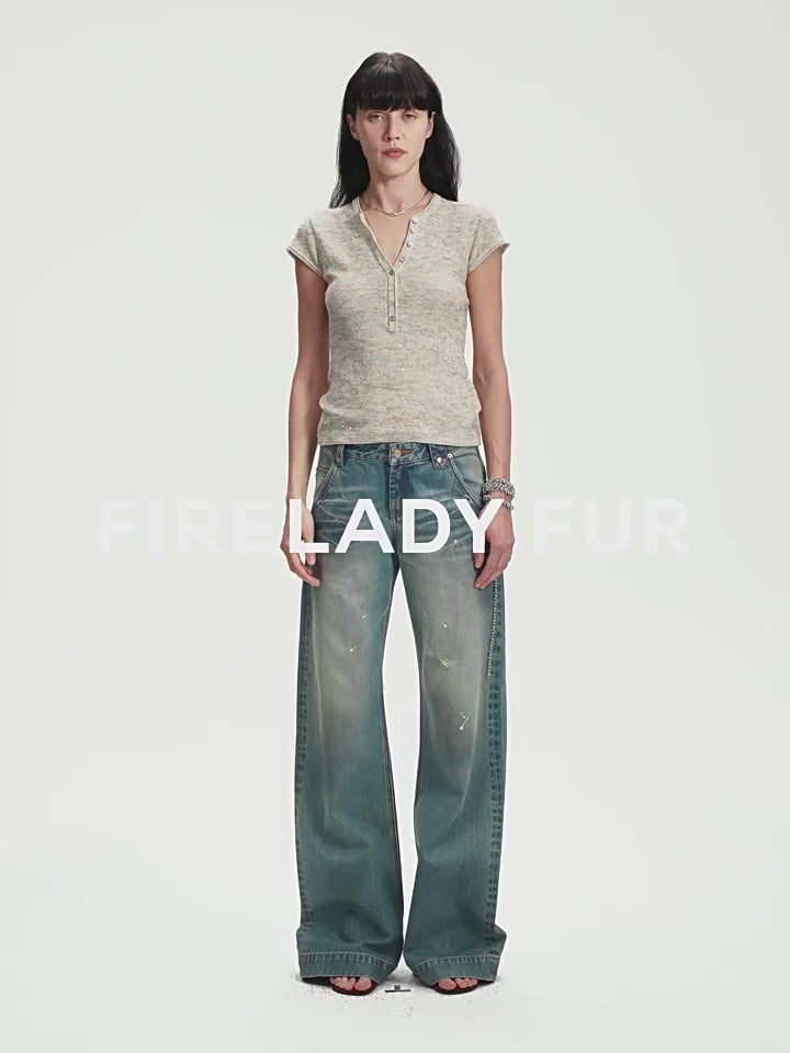 "Minimalist Light Gap" Cotton and Linen Blend Sequined Henley Neck Short Sleeve T-Shirt