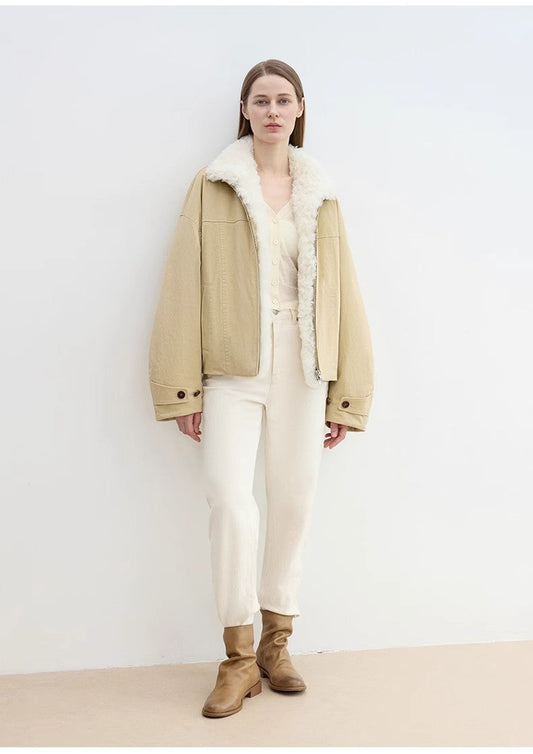 "Rebellious Escape" Detachable Contrasting Color Shearling Fur Collar Down Short Parka