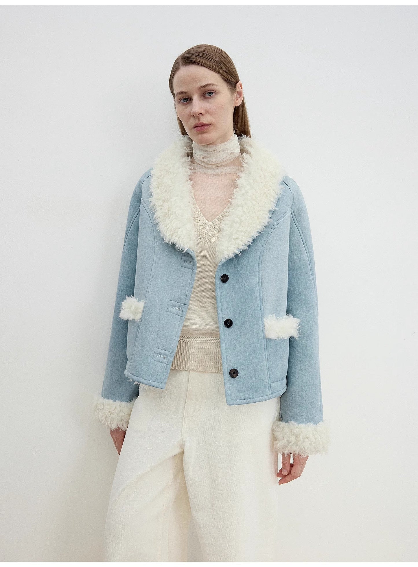 "Pure Era" Imported High-Quality Lamb Contrast Color Fruit Collar Short Wool Fur Coat