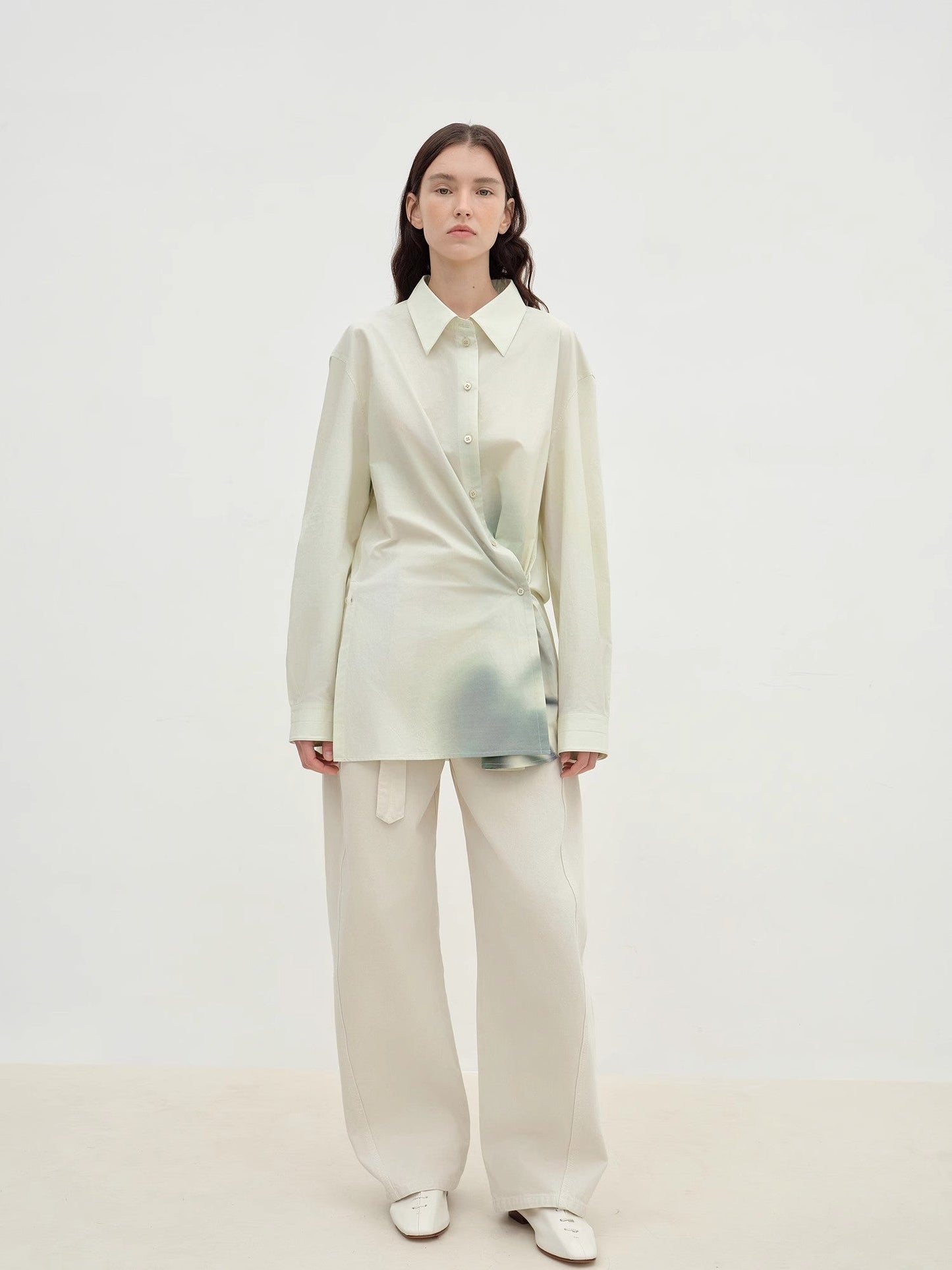 "Green Time" Lapel Side Slit Two-Wear Cotton Printed Shirt