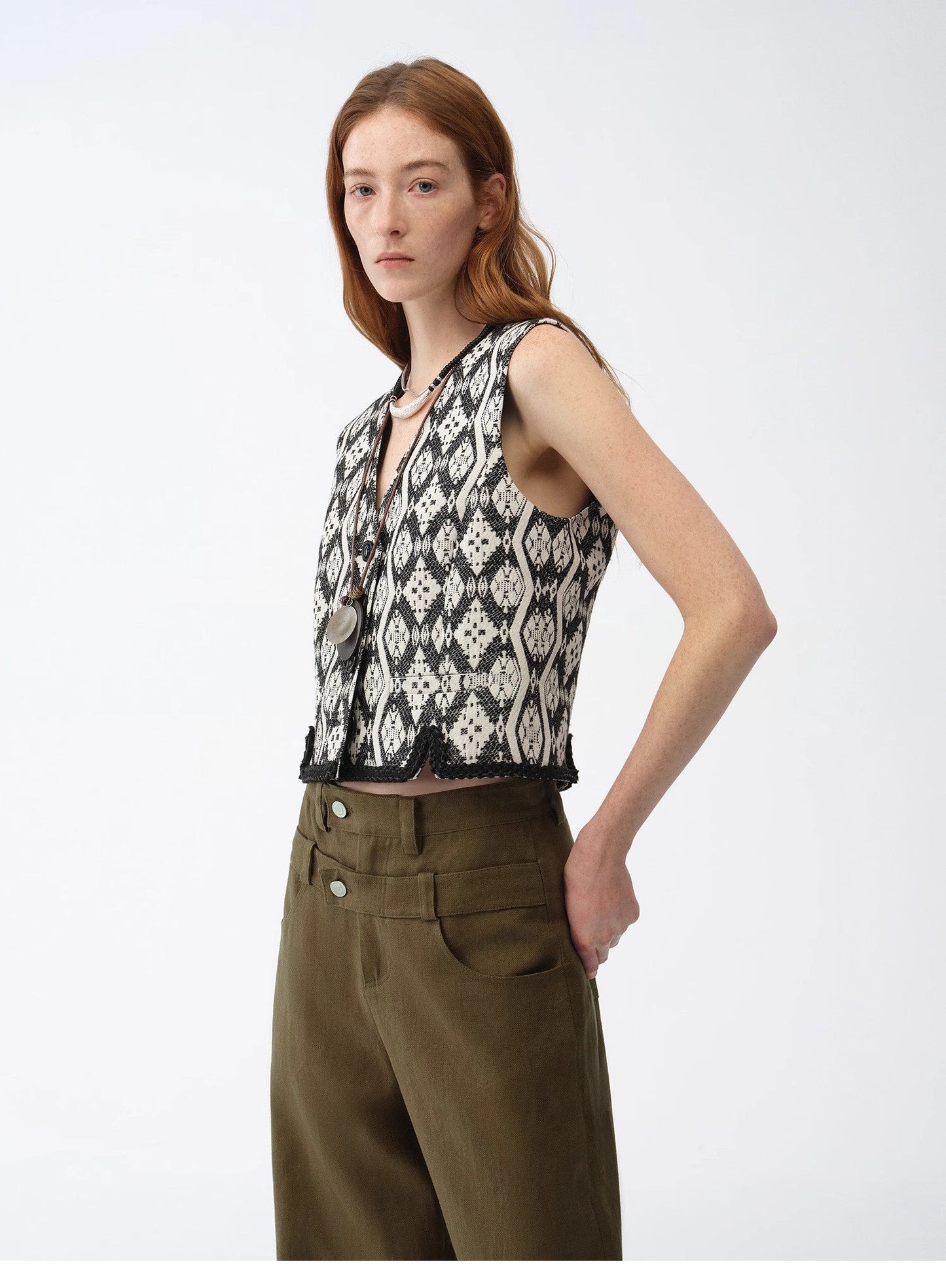 Classical Simple Silhouette Italian Imported Jacquard Ethnic Style V-Neck Vest