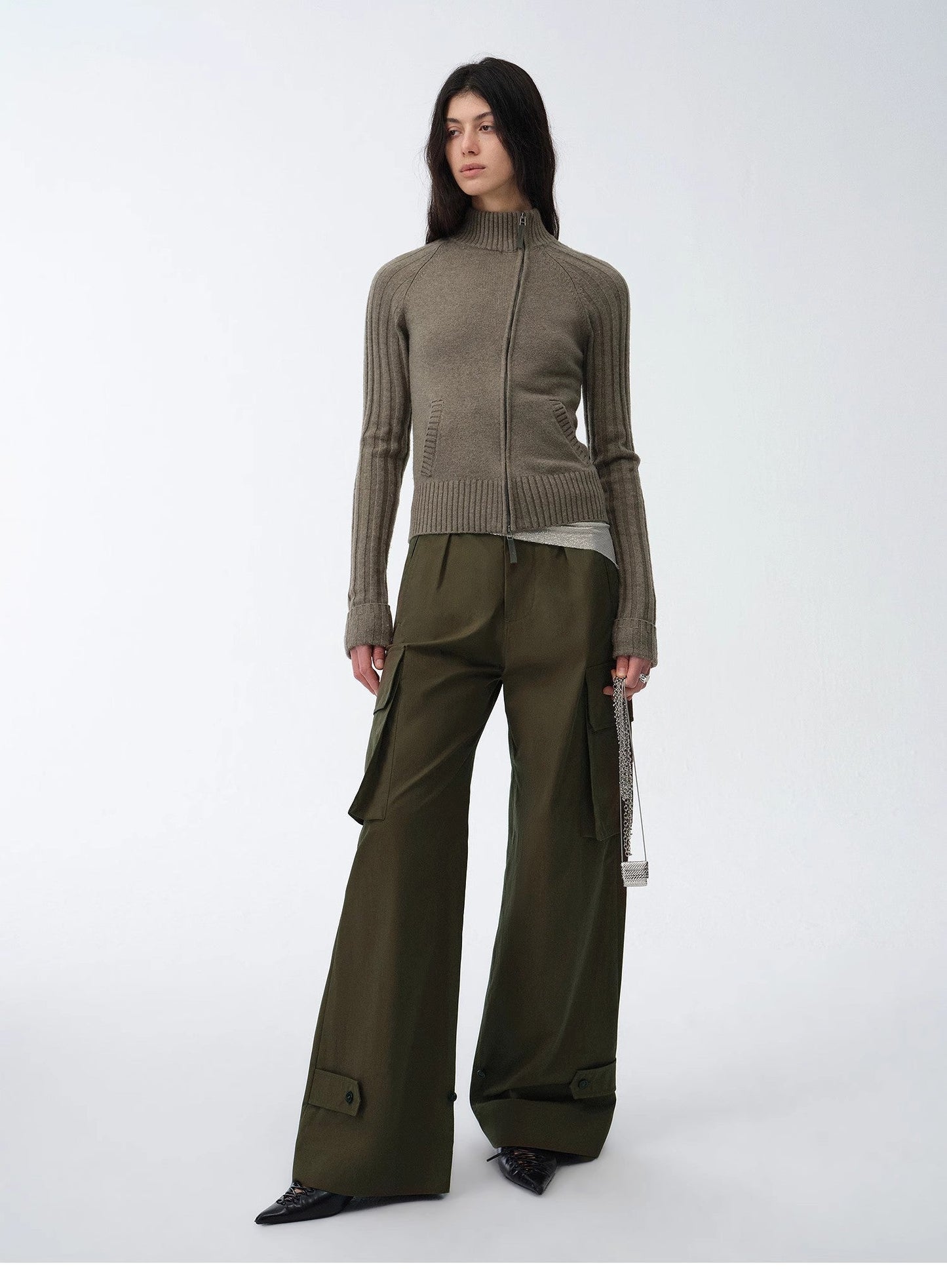 "Senna Melody" Oblique Placket Fine Merino Wool and Cotton Blend Zipper Knitted Cardigan Top for Women