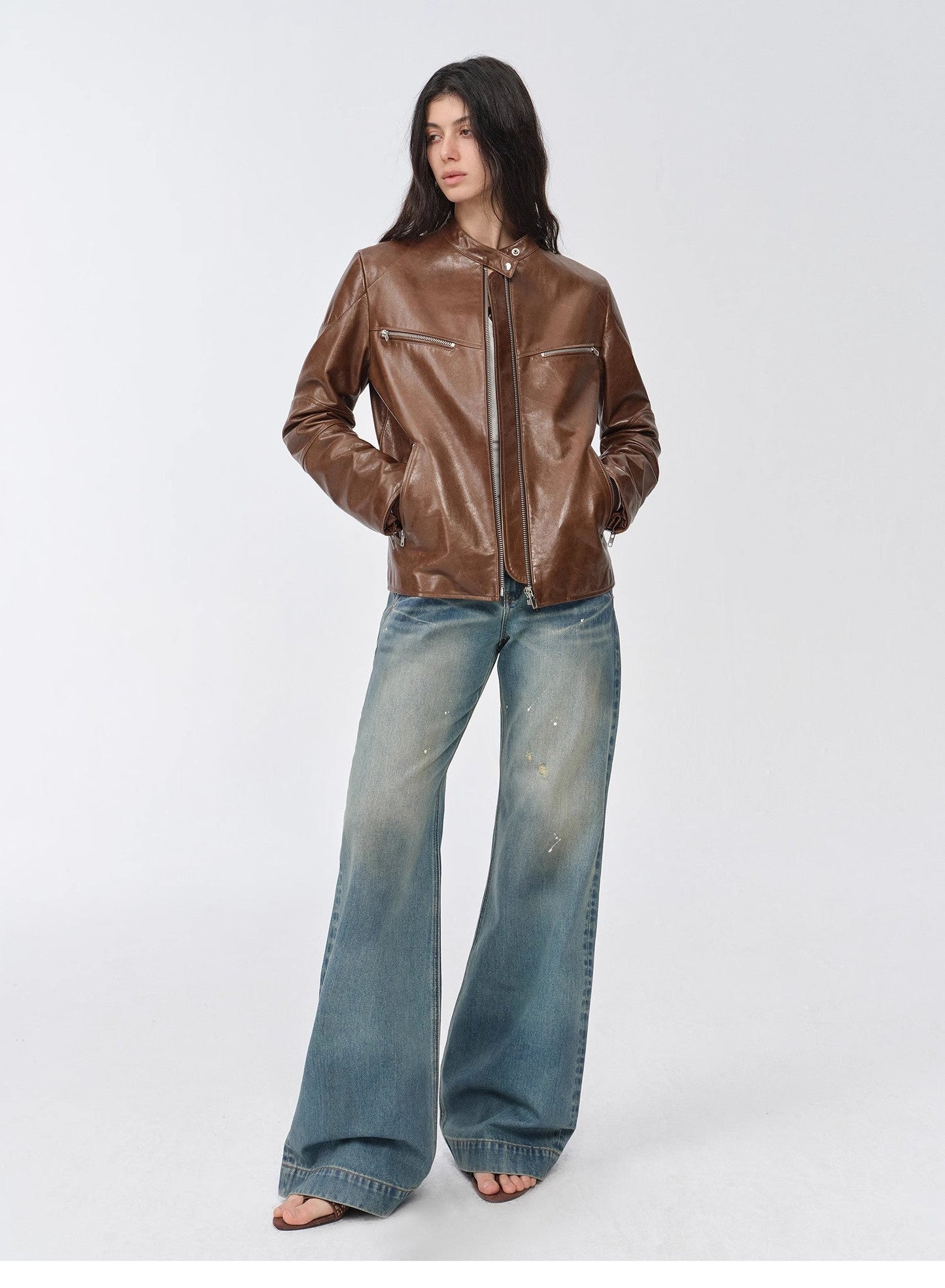 New Zealand Imported Waxed Sheepskin/Cowhide Vintage Motorcycle Leather Jacket