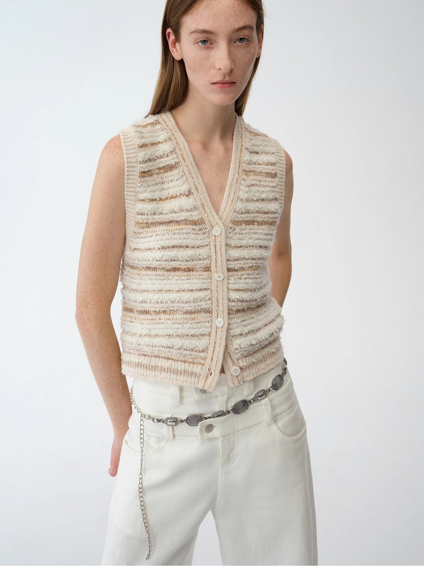 "Nice Weekend" Striped Mixed Woven V-Neck Early Spring Layered Knitted Cardigan Top/Vest