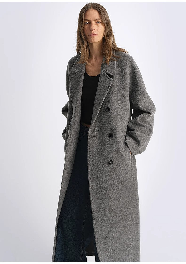 Sheep Wool Cashmere Blend Classic Tie Shoulder Sleeve Double-Breasted Coat