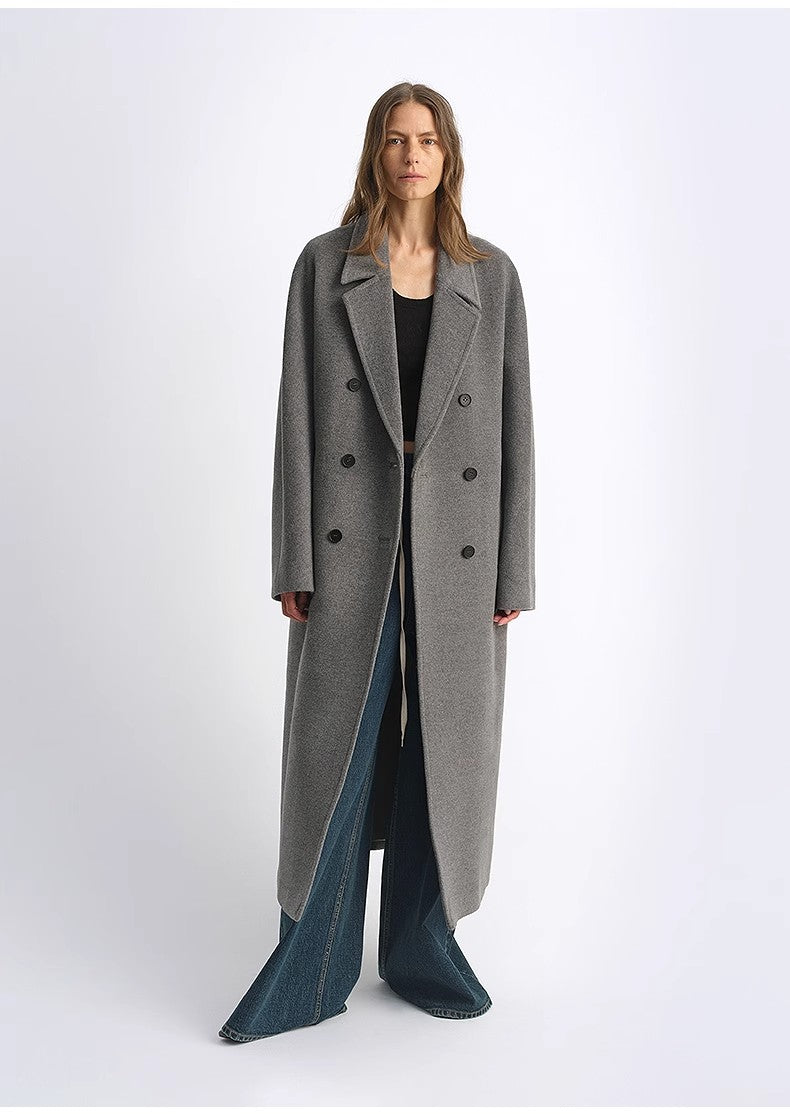 Sheep Wool Cashmere Blend Classic Tie Shoulder Sleeve Double-Breasted Coat