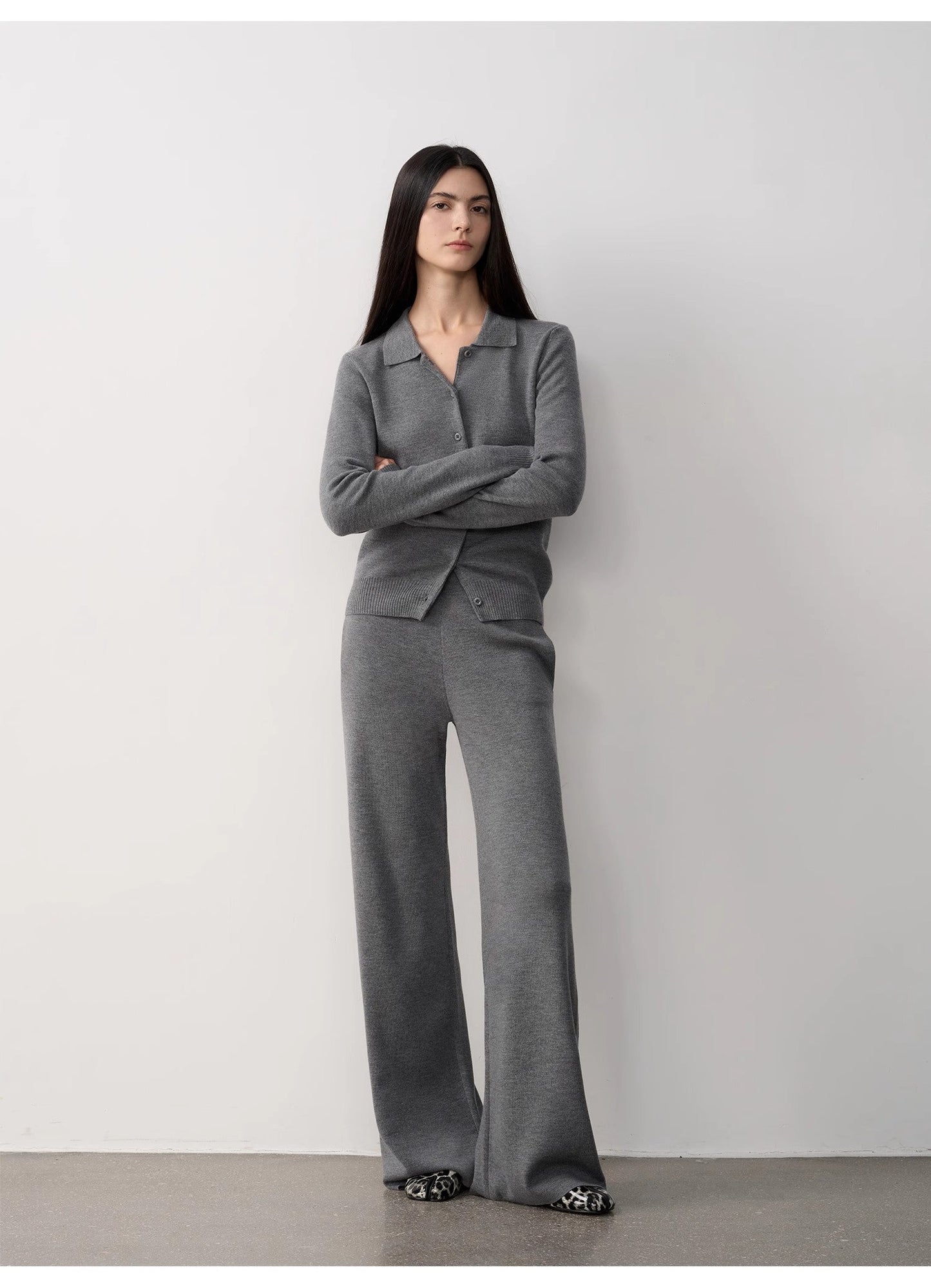 "Lazy Urban" Yangtze Merino Wool Polo-Neck Cardigan Straight-Leg Knitted Pants Suit