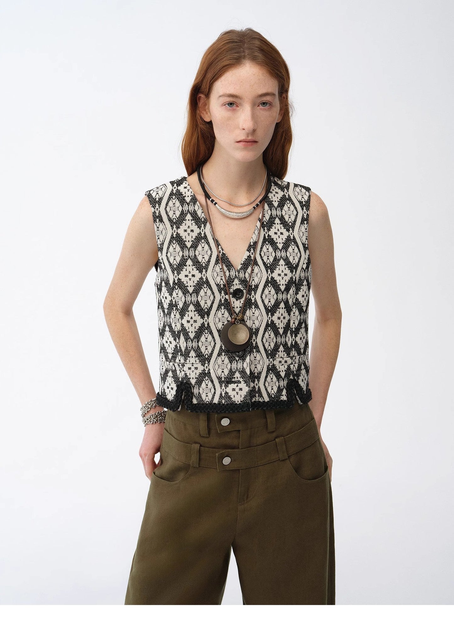 Classical Simple Silhouette Italian Imported Jacquard Ethnic Style V-Neck Vest