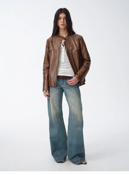 New Zealand Imported Waxed Sheepskin/Cowhide Vintage Motorcycle Leather Jacket