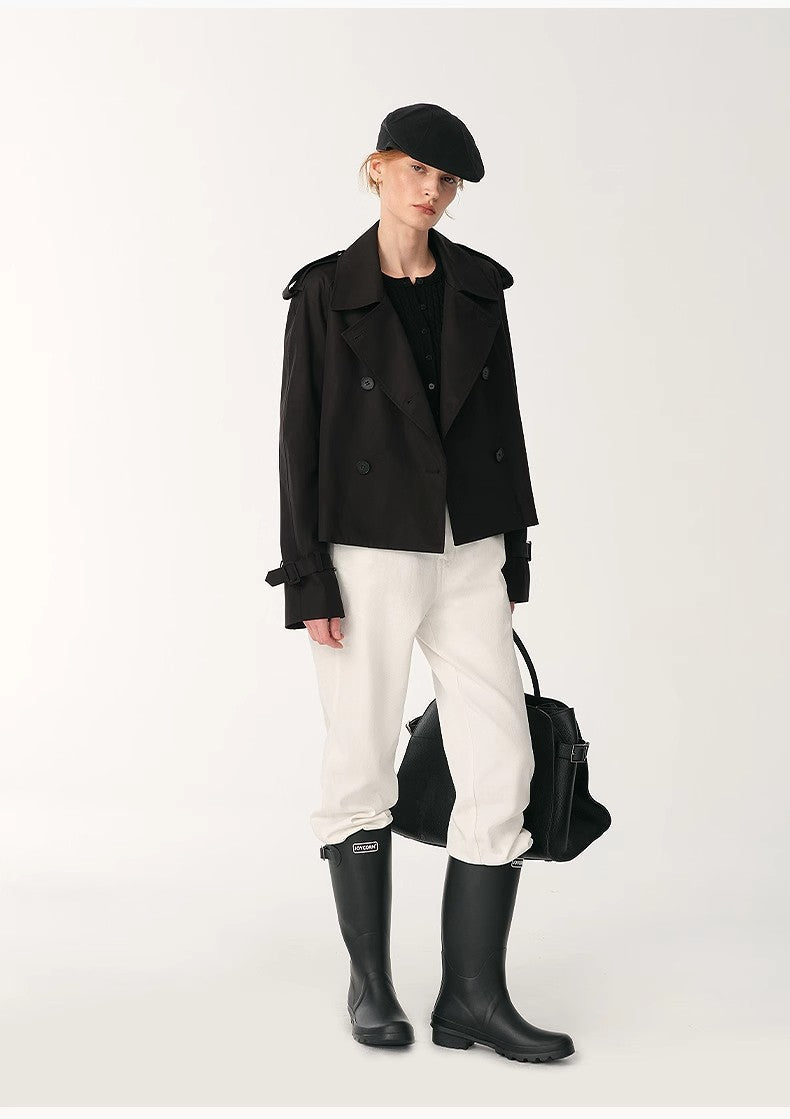 Anti-Wrinkle Waterproof Large Lapel Short Straight Box Windbreaker for Women