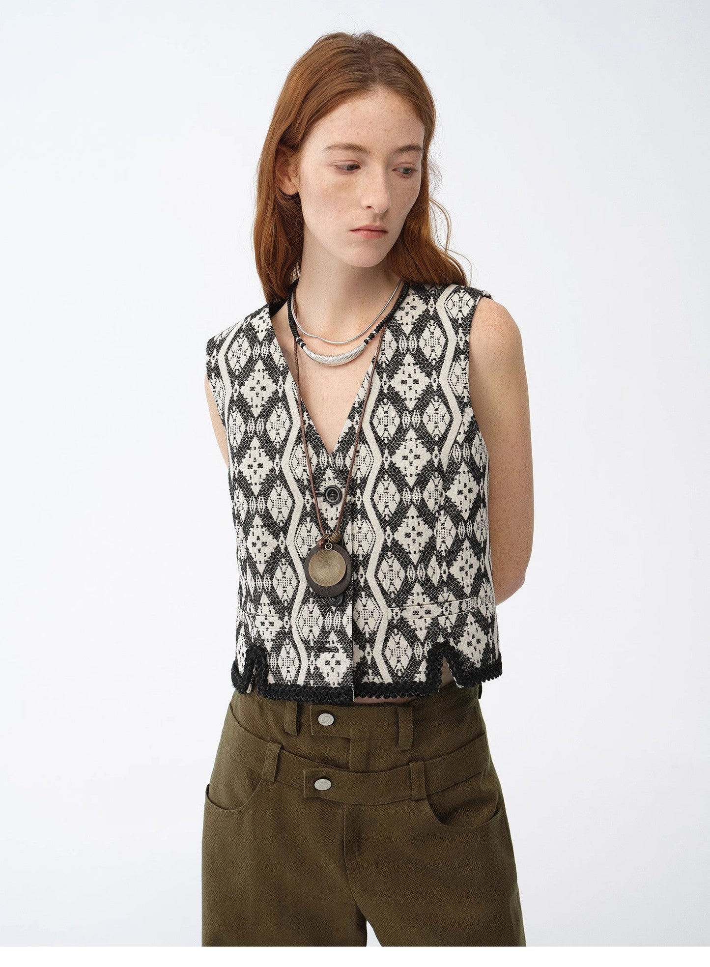 Classical Simple Silhouette Italian Imported Jacquard Ethnic Style V-Neck Vest