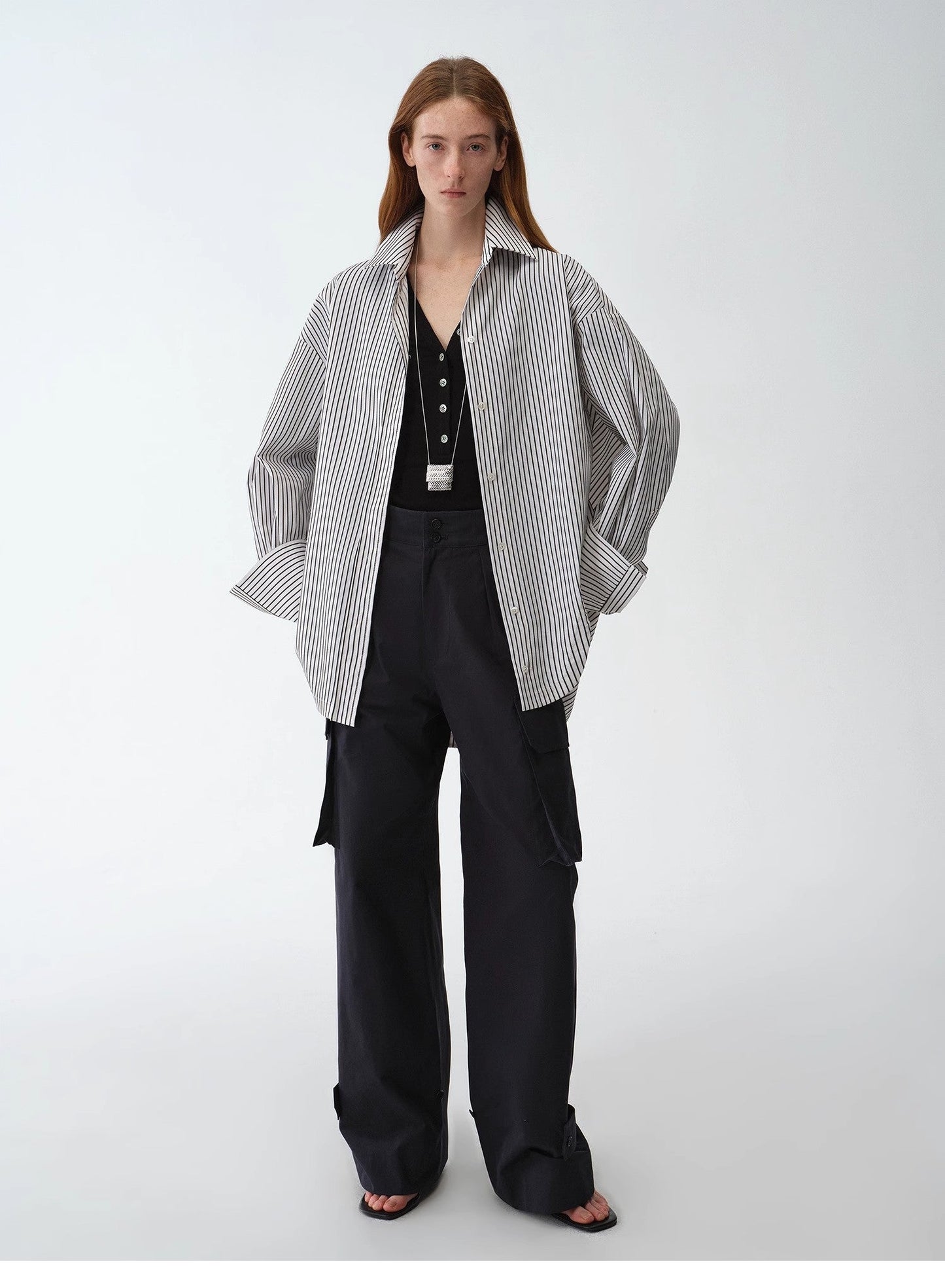 Casual Asymmetric Slanted Front Two-Wear Striped Long Sleeve Shirt