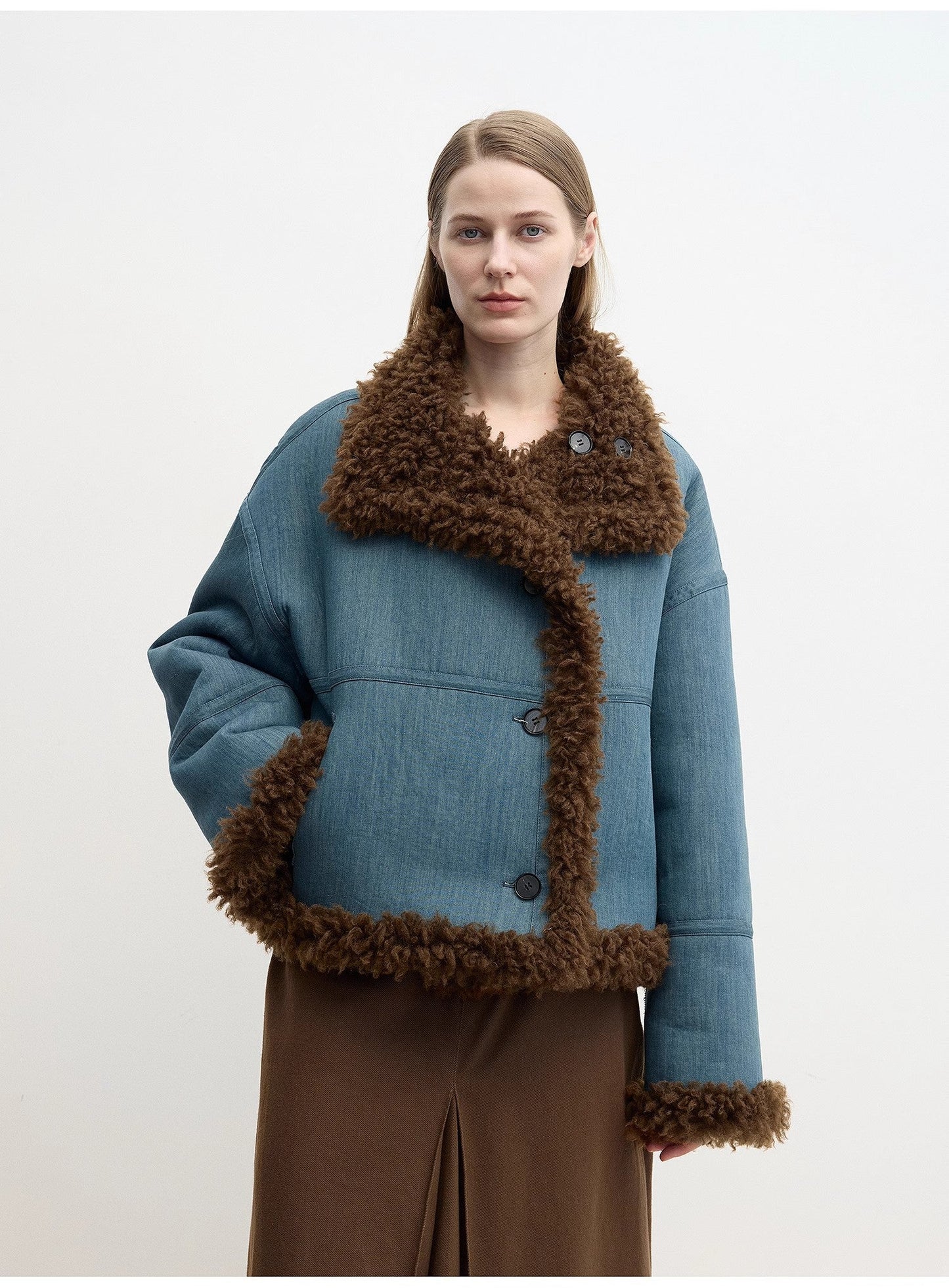 "Mint Glacier"Flip Collar Reversible Shearling Denim Wool Jacket