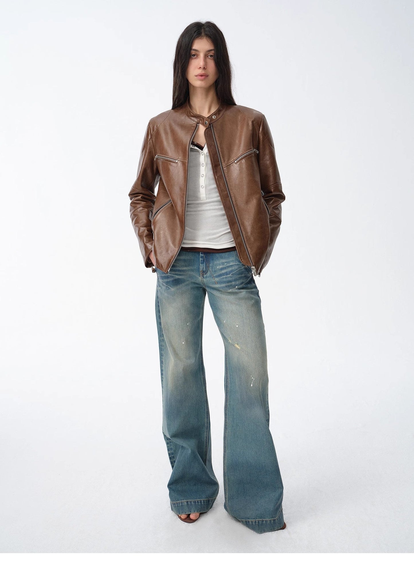 New Zealand Imported Waxed Sheepskin/Cowhide Vintage Motorcycle Leather Jacket