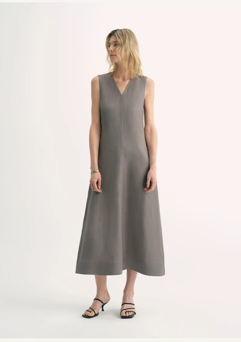 Linen Textured Anti-Wrinkle V-Neck Sleeveless A-Line Dress