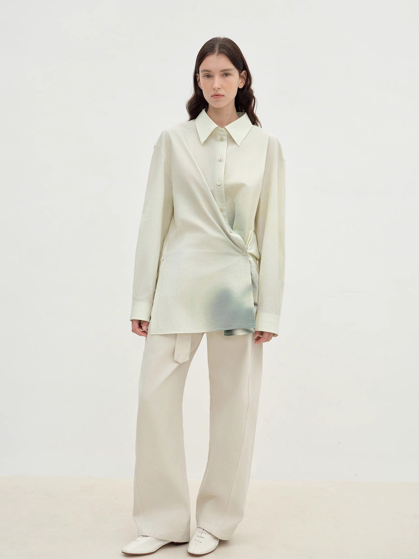 "Green Time" Lapel Side Slit Two-Wear Cotton Printed Shirt