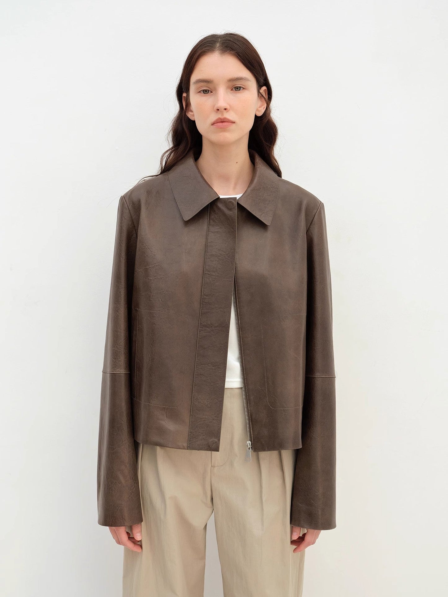 Two-Tone Wax Sheepskin Short Jacket Leather Coat Women