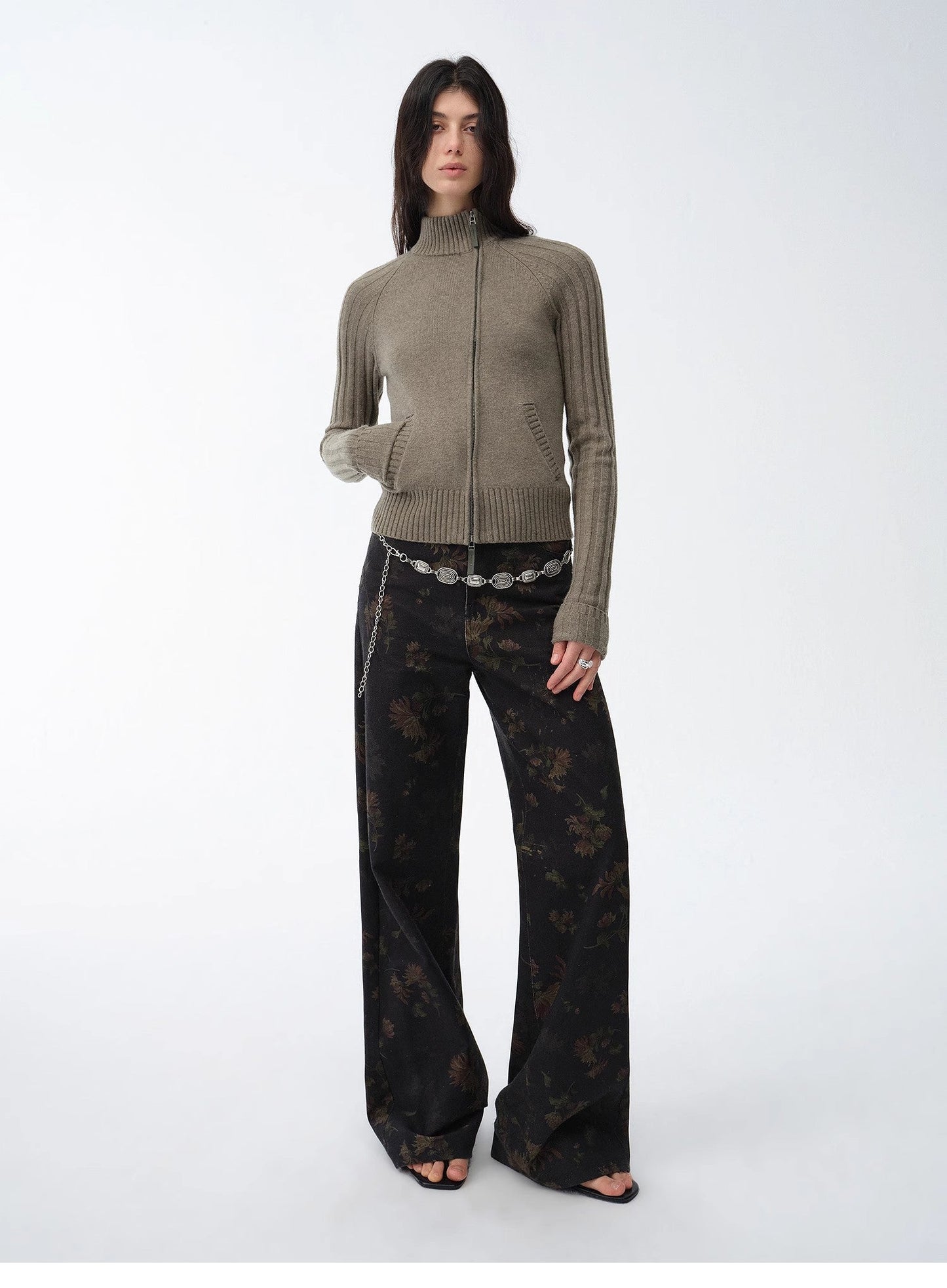 "Senna Melody" Oblique Placket Fine Merino Wool and Cotton Blend Zipper Knitted Cardigan Top for Women