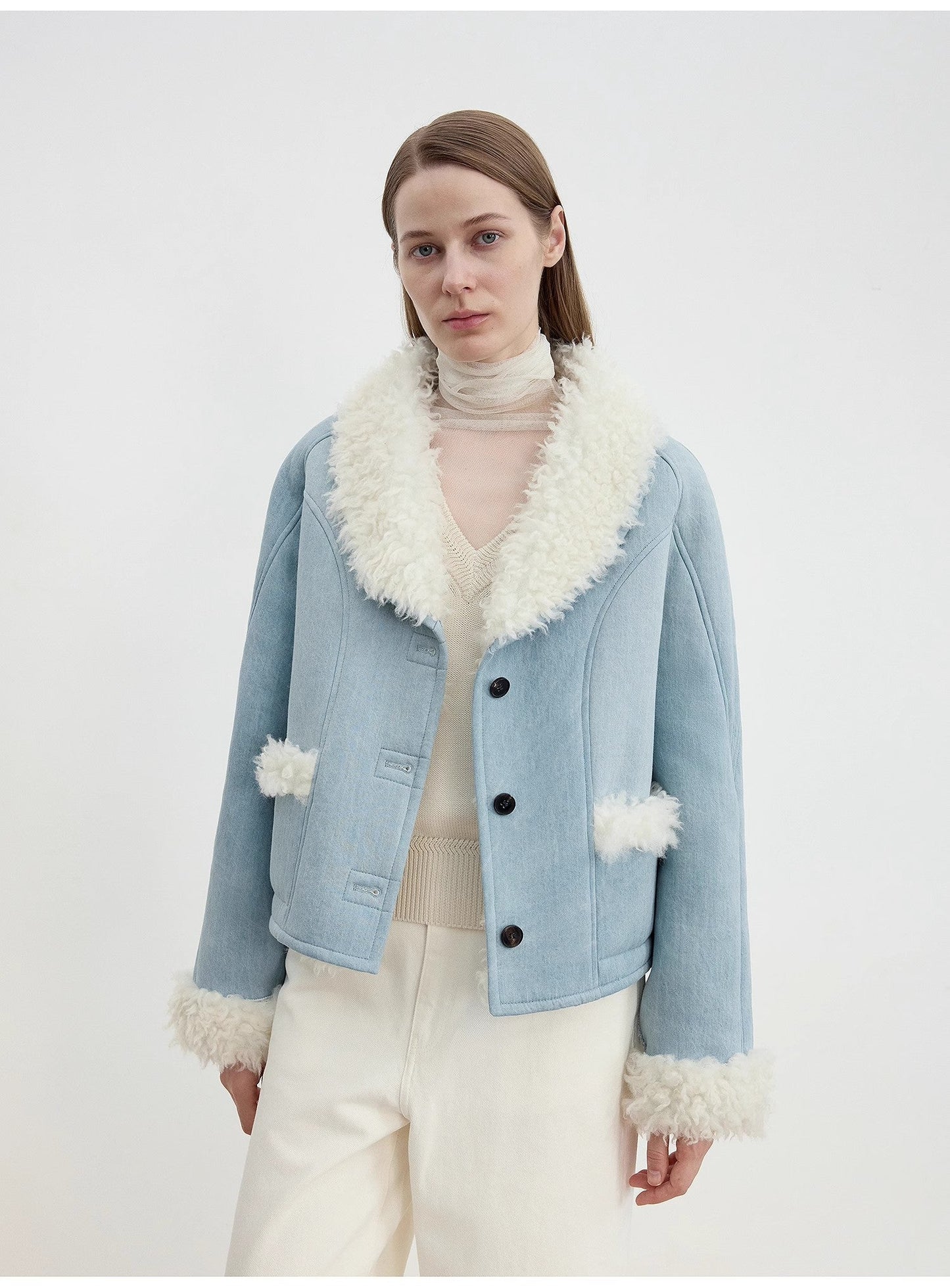 "Pure Era" Imported High-Quality Lamb Contrast Color Fruit Collar Short Wool Fur Coat