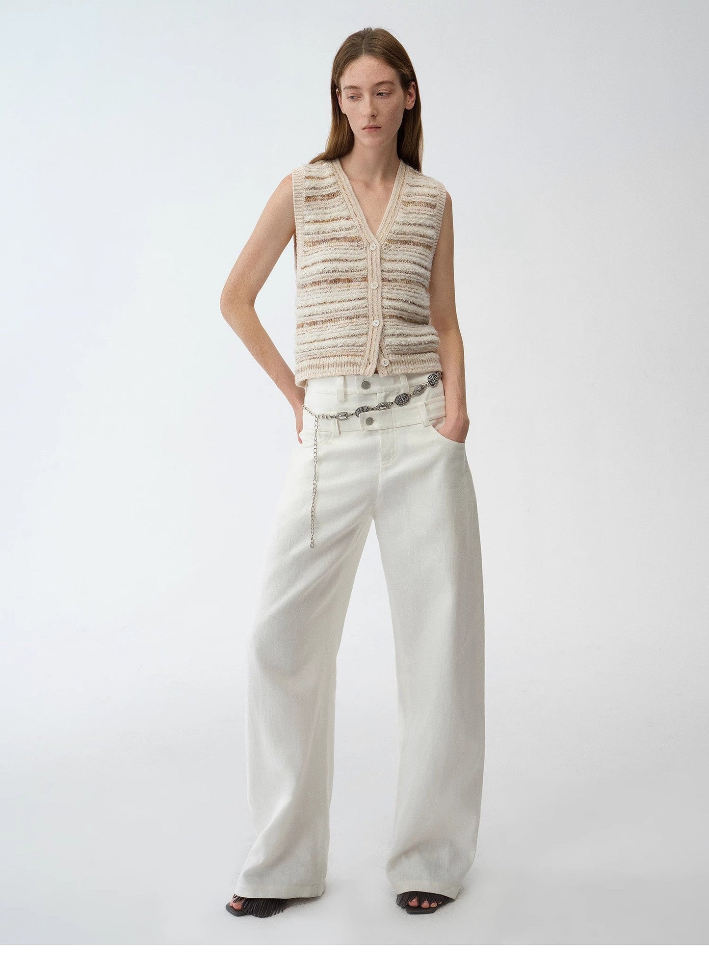 "Nice Weekend" Striped Mixed Woven V-Neck Early Spring Layered Knitted Cardigan Top/Vest