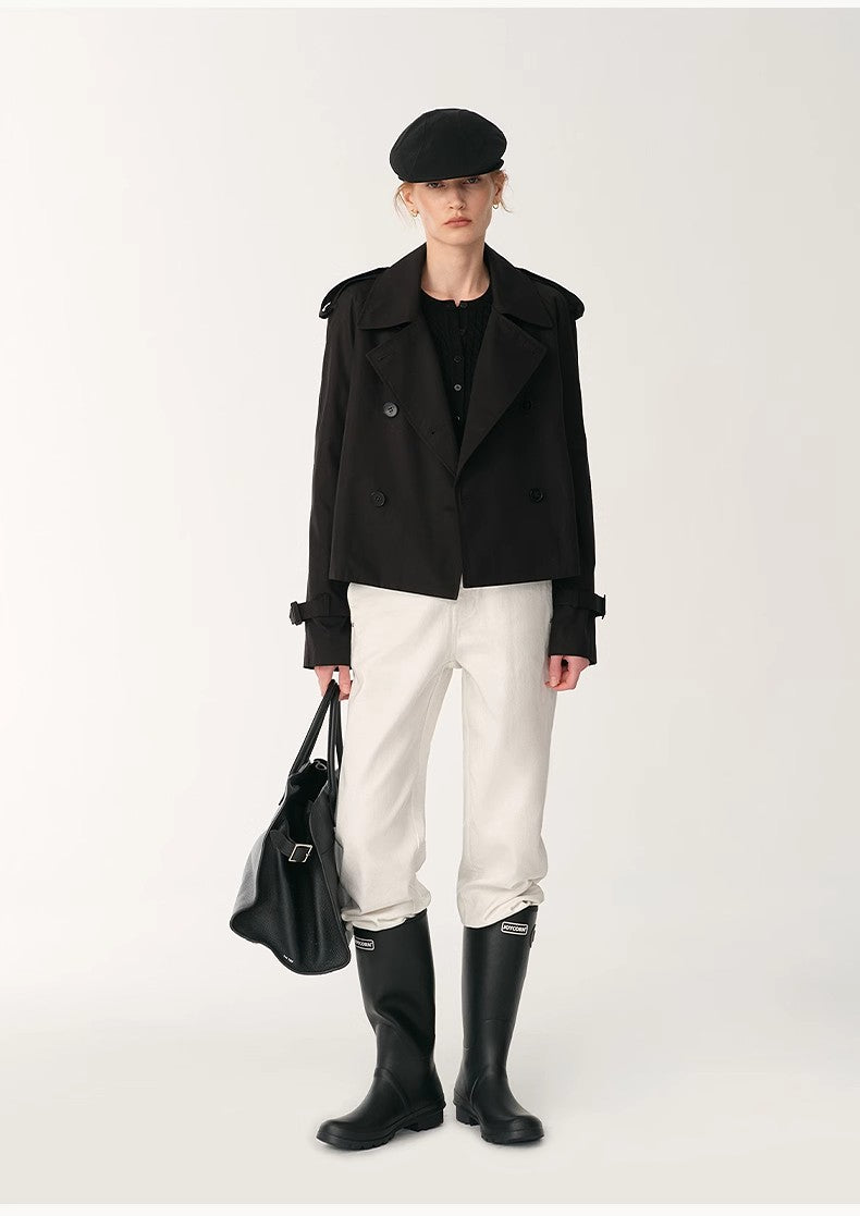 Anti-Wrinkle Waterproof Large Lapel Short Straight Box Windbreaker for Women