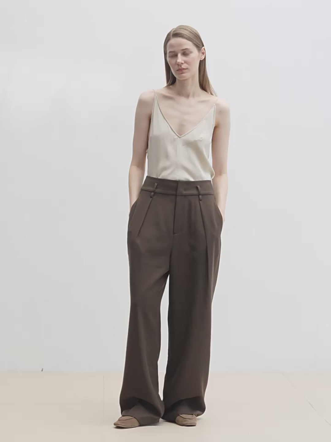 Women's White Straight Casual Wide Waist Drape Floor-Length Wide Leg Pants