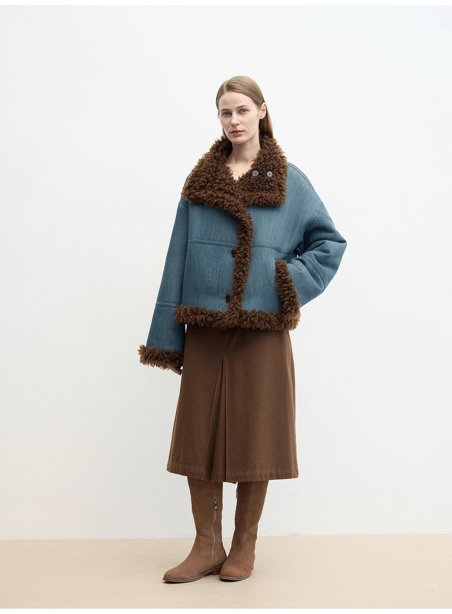 "Mint Glacier"Flip Collar Reversible Shearling Denim Wool Jacket