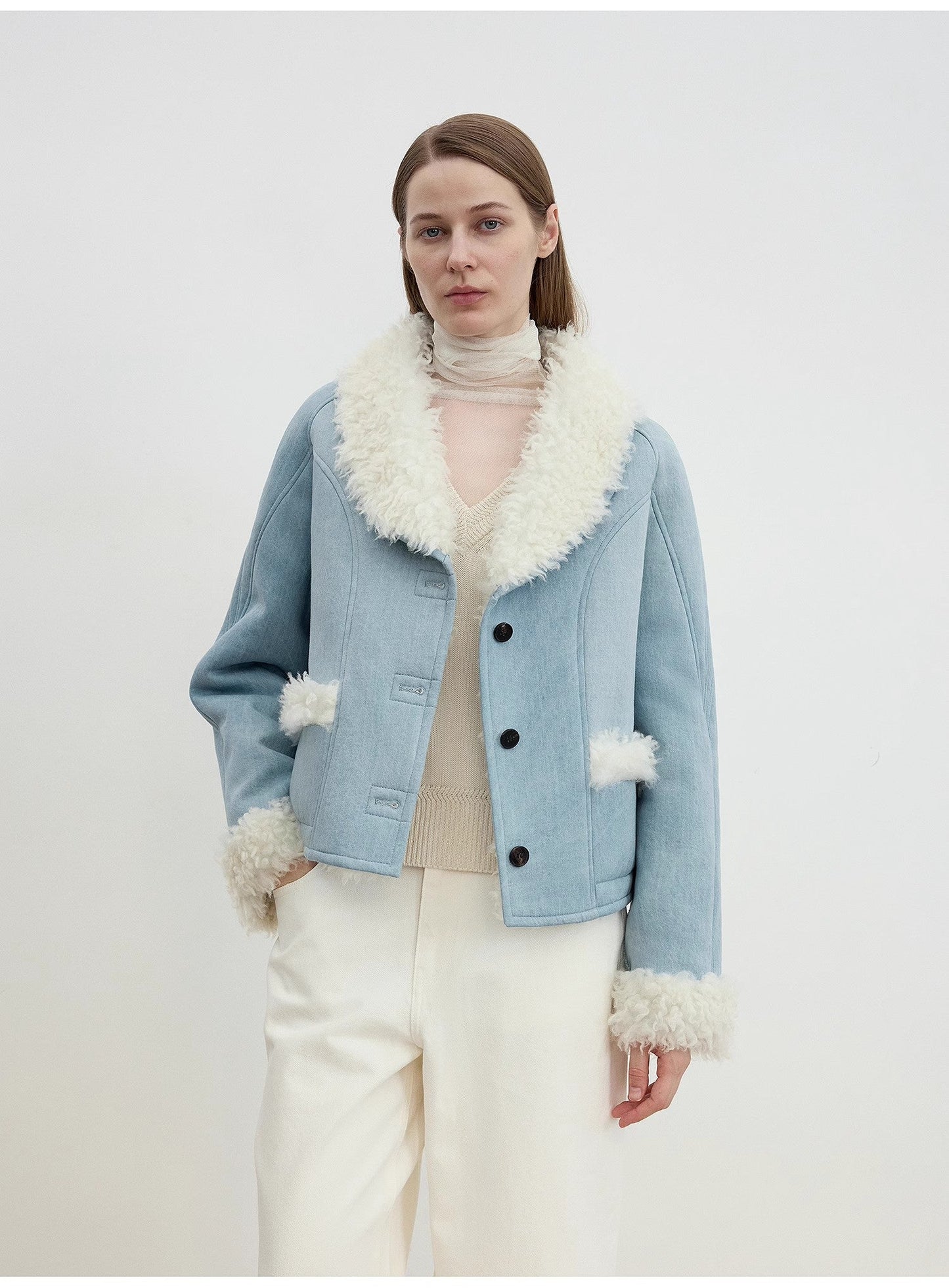 "Pure Era" Imported High-Quality Lamb Contrast Color Fruit Collar Short Wool Fur Coat