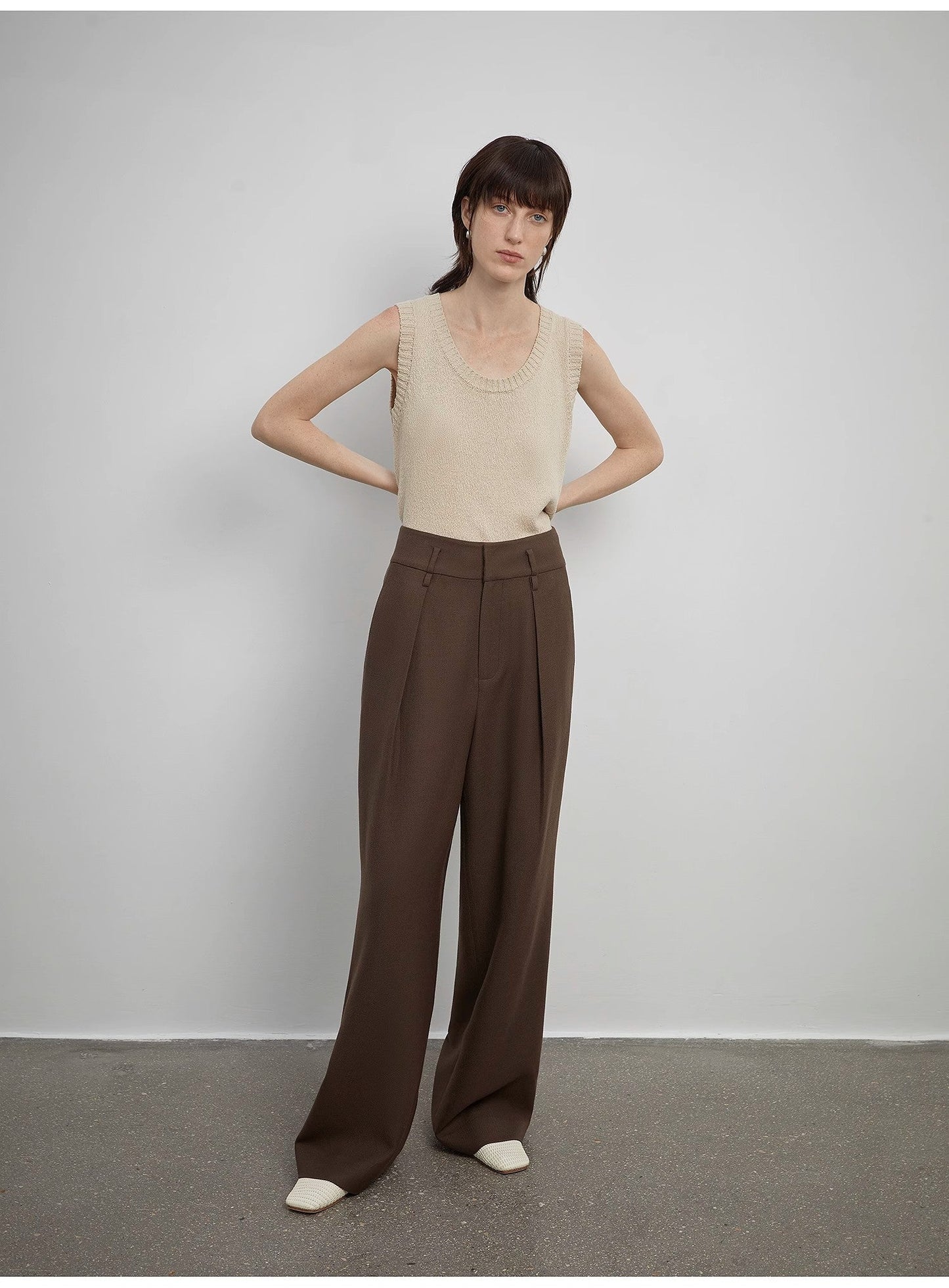 Women's White Straight Casual Wide Waist Drape Floor-Length Wide Leg Pants