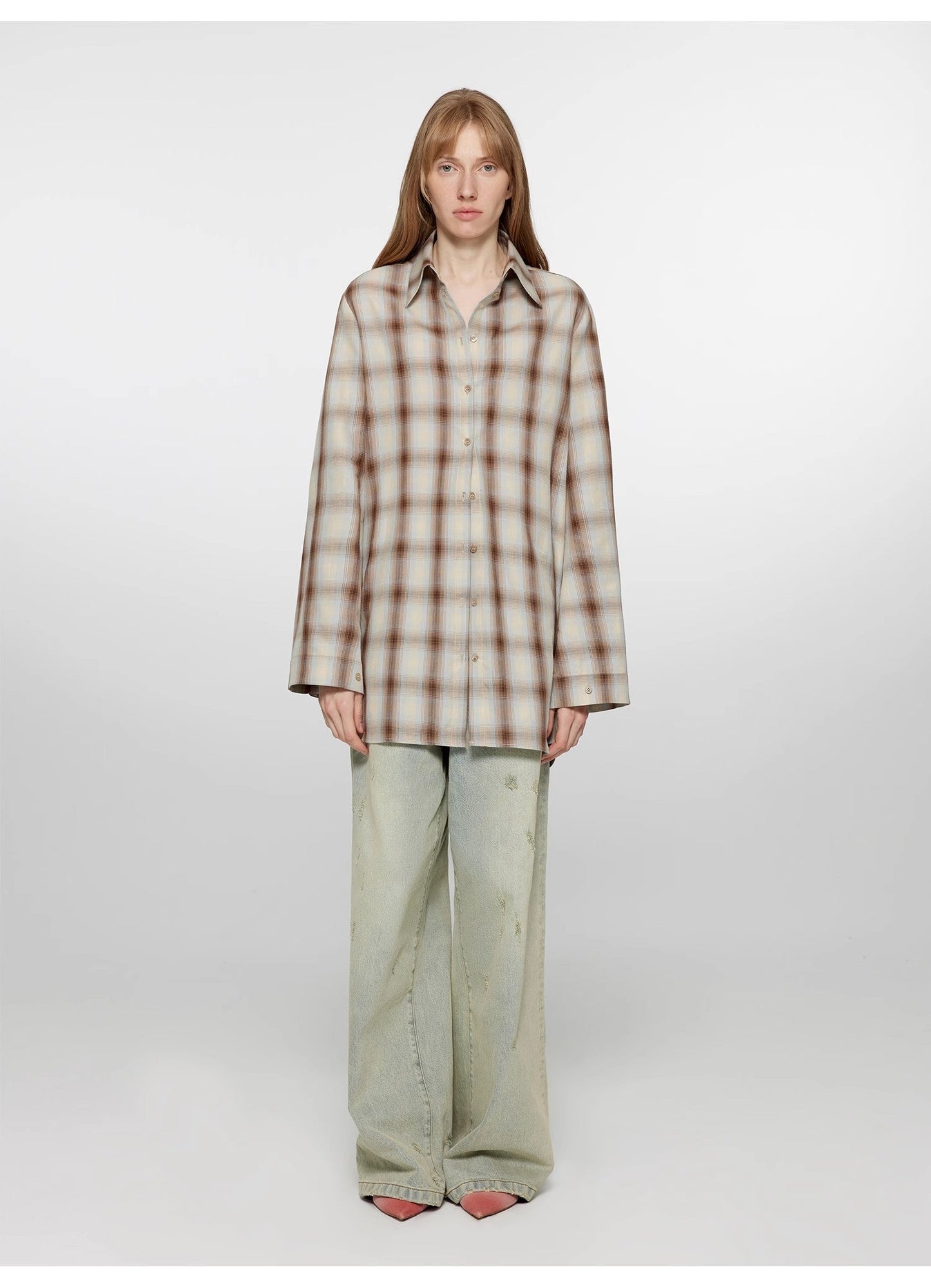 "Tea Grid" High-Quality High-Count Cotton Loose Retro Plaid Shirt
