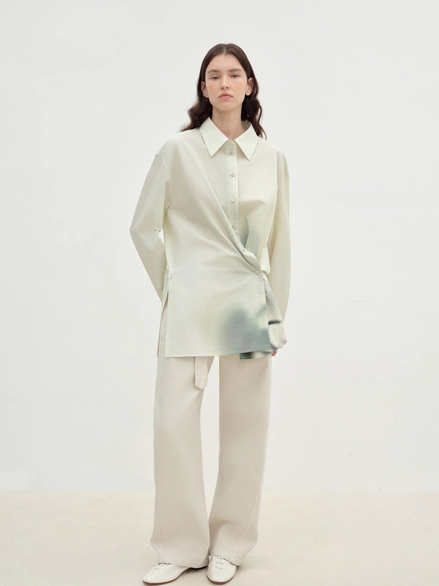 "Green Time" Lapel Side Slit Two-Wear Cotton Printed Shirt