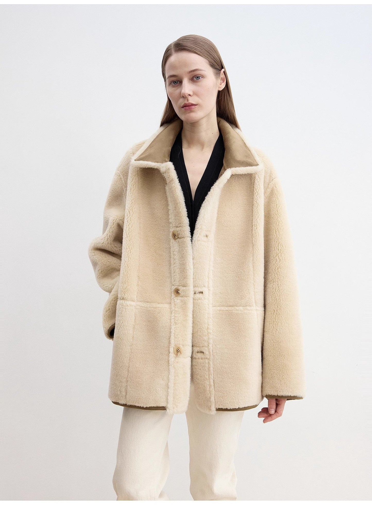 Women's Reversible Sheepskin-Look Jacket With Wool & Suede“Vintage Manor”