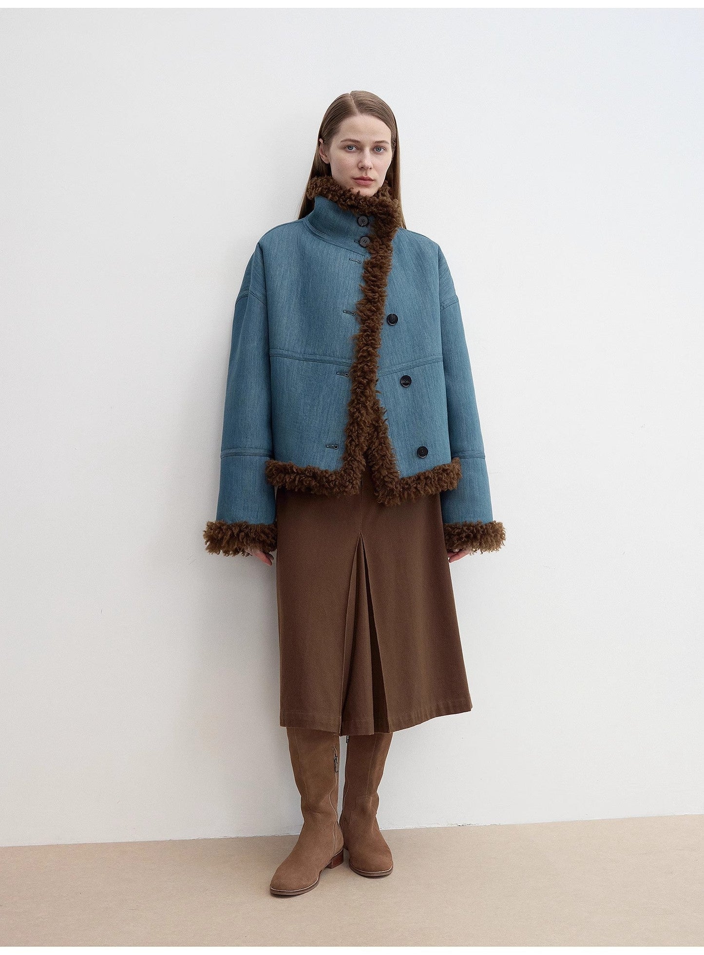 "Mint Glacier"Flip Collar Reversible Shearling Denim Wool Jacket