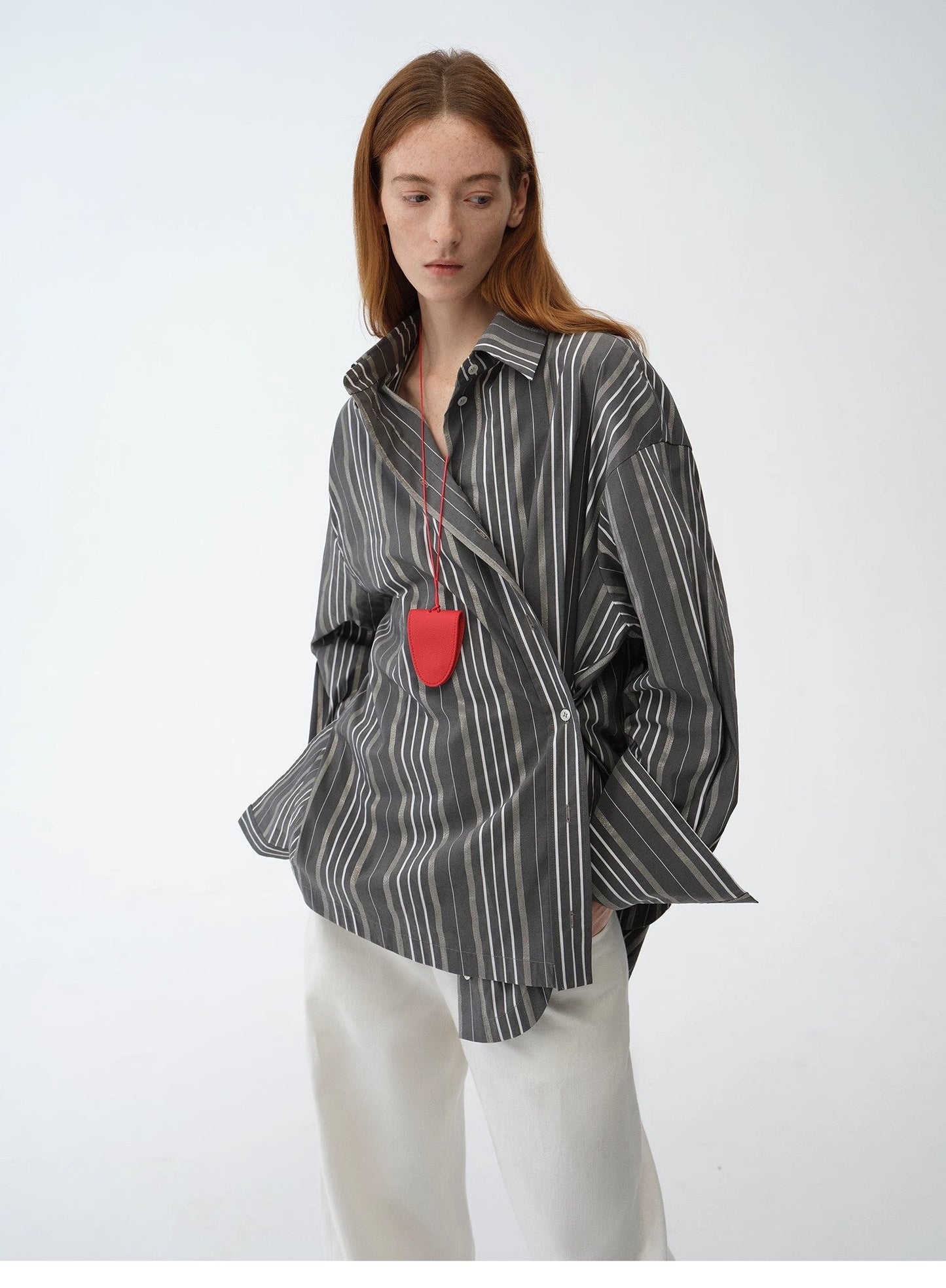 Casual Asymmetric Slanted Front Two-Wear Striped Long Sleeve Shirt