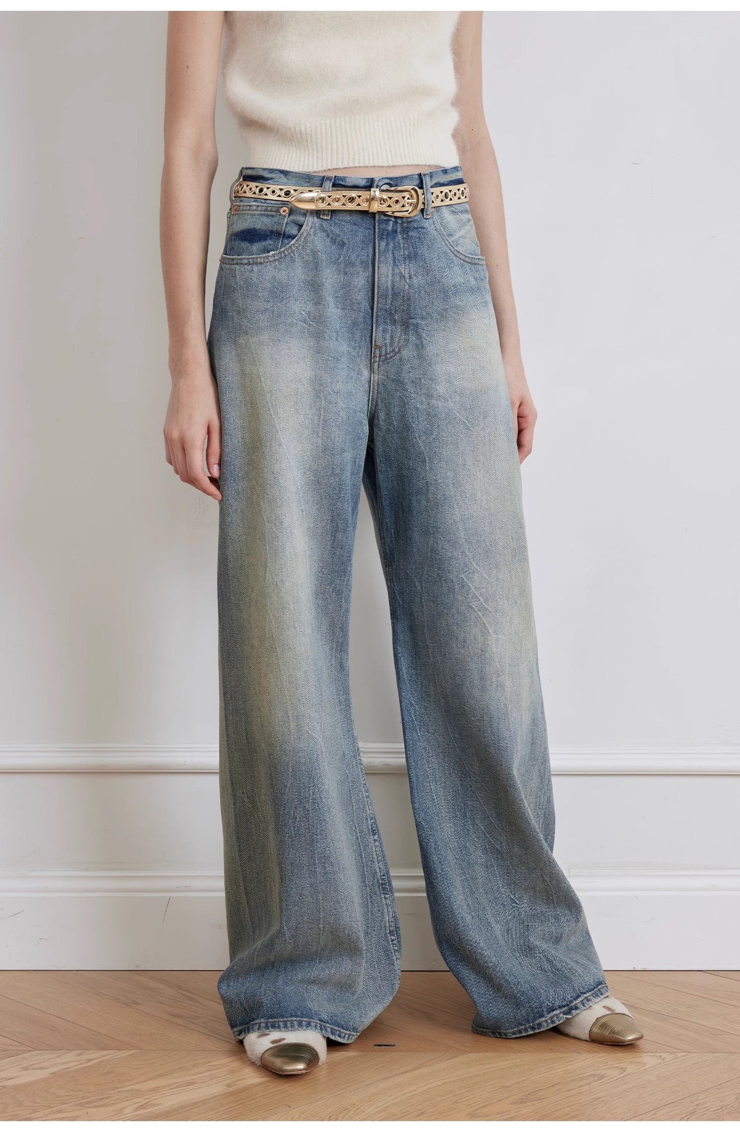 "Magic Dream" Retro Modern Washed Chicken Claw Wrinkled Jeans Women's Spacious Straight Wide Leg Pants