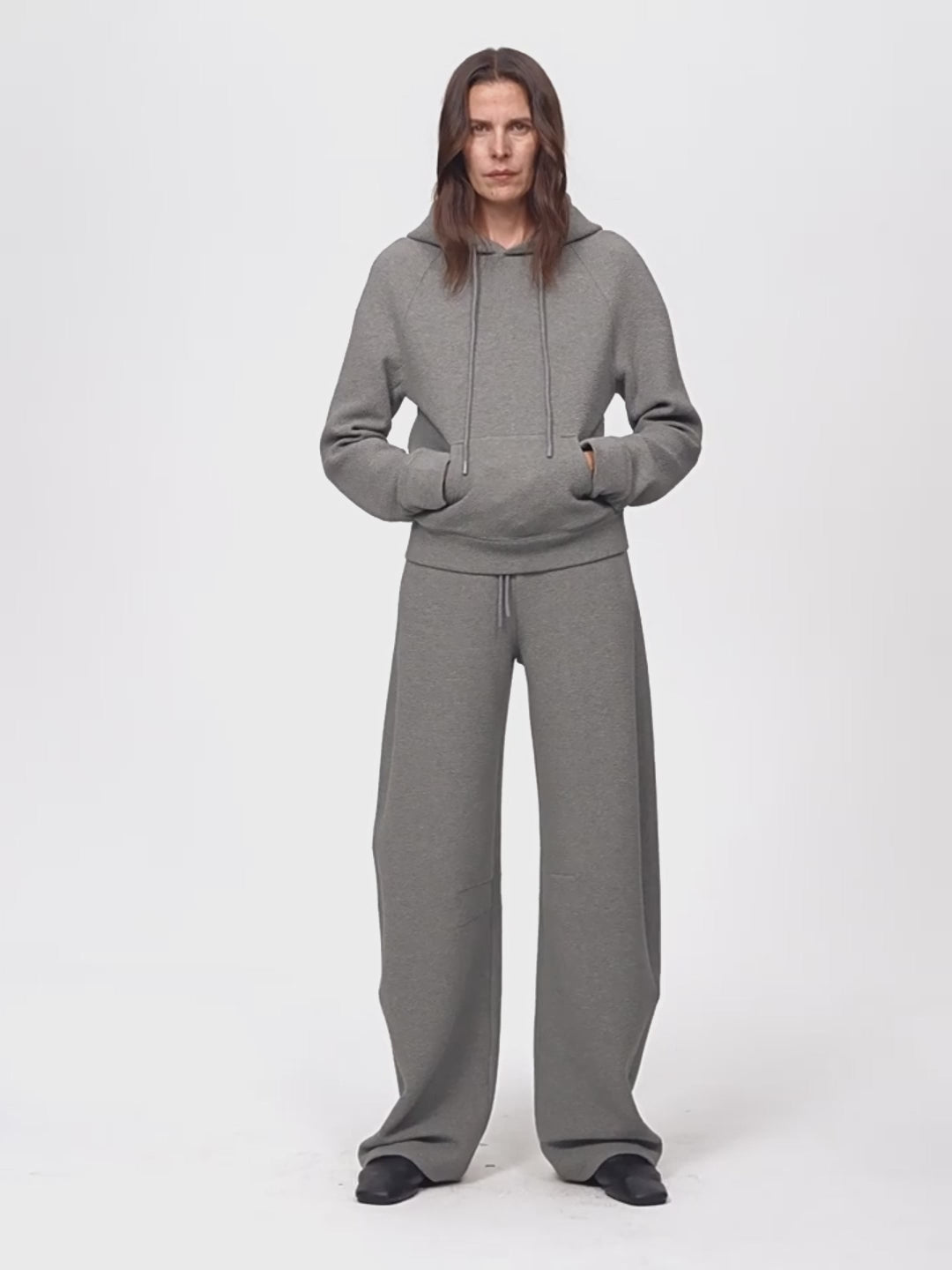 "Casual Life" Textured Cotton Loose Straight Hooded Short Sweatshirt