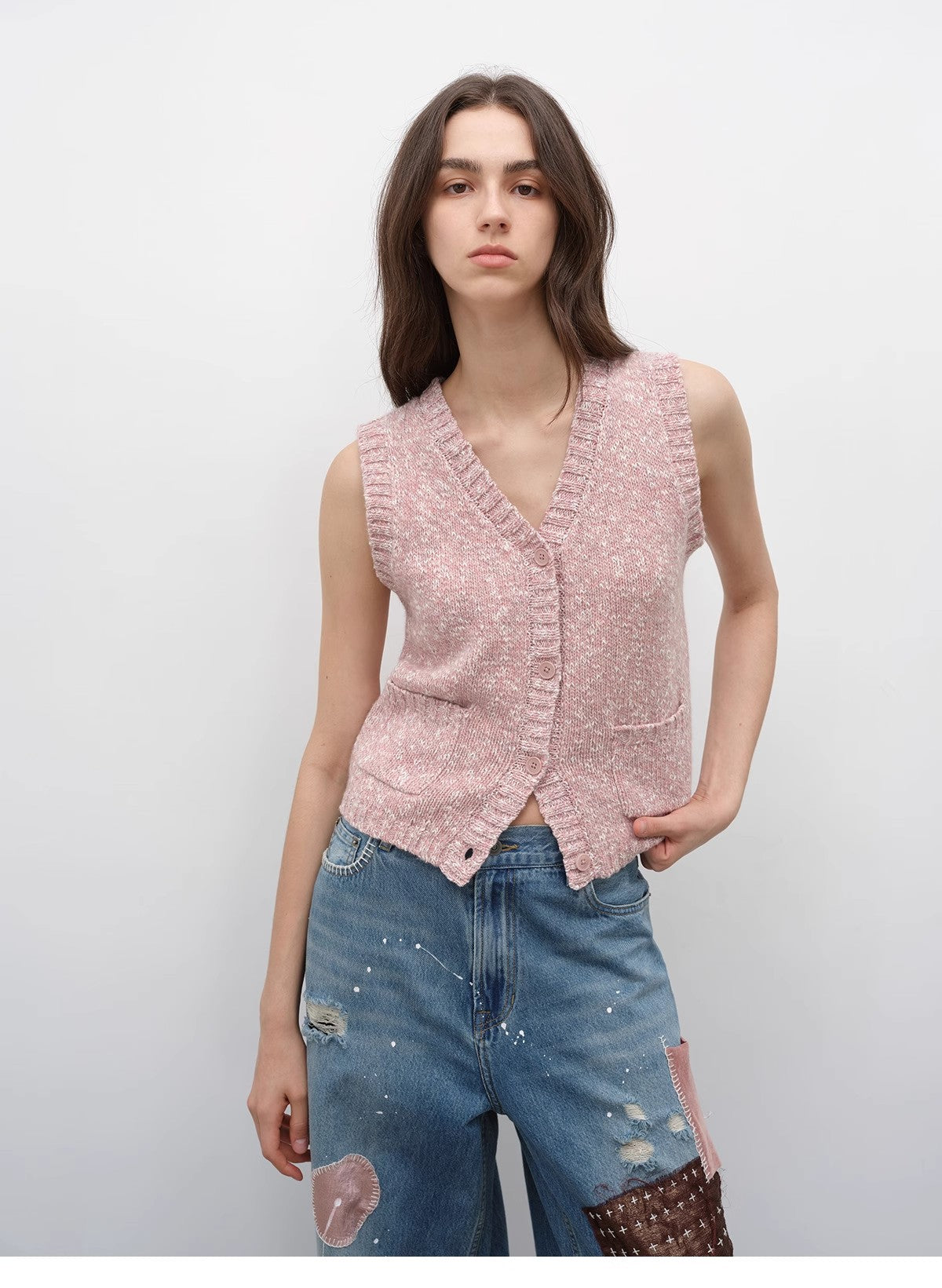 Vintage Style Layering Artifact Wool Blend Dotted V-Neck Knitted Vest