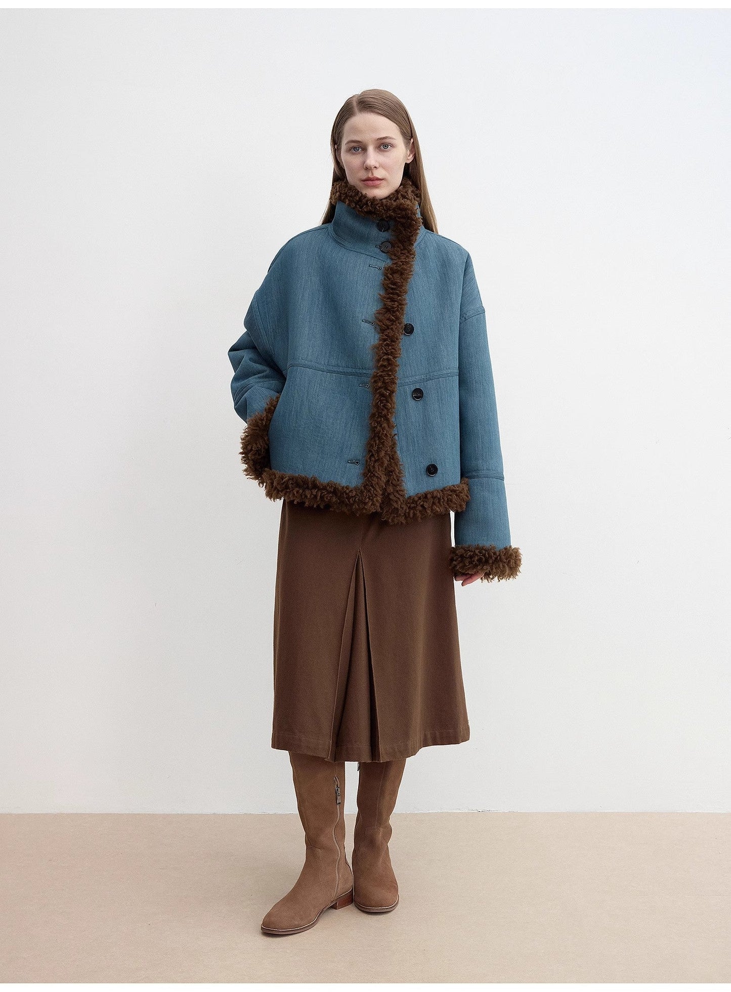 "Mint Glacier"Flip Collar Reversible Shearling Denim Wool Jacket