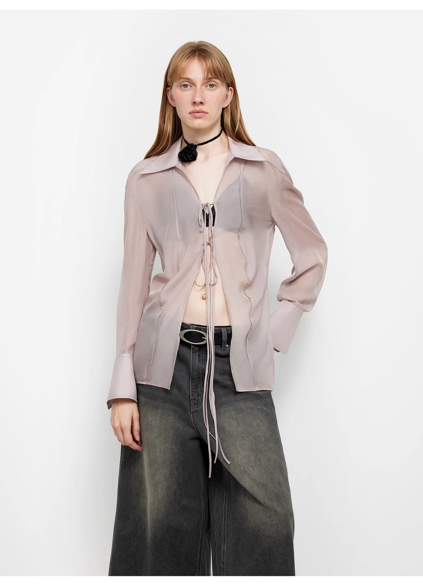 Silk Chiffon Light and Hazy Feeling Cool Drape Lace-Up Sun Protection Shirt