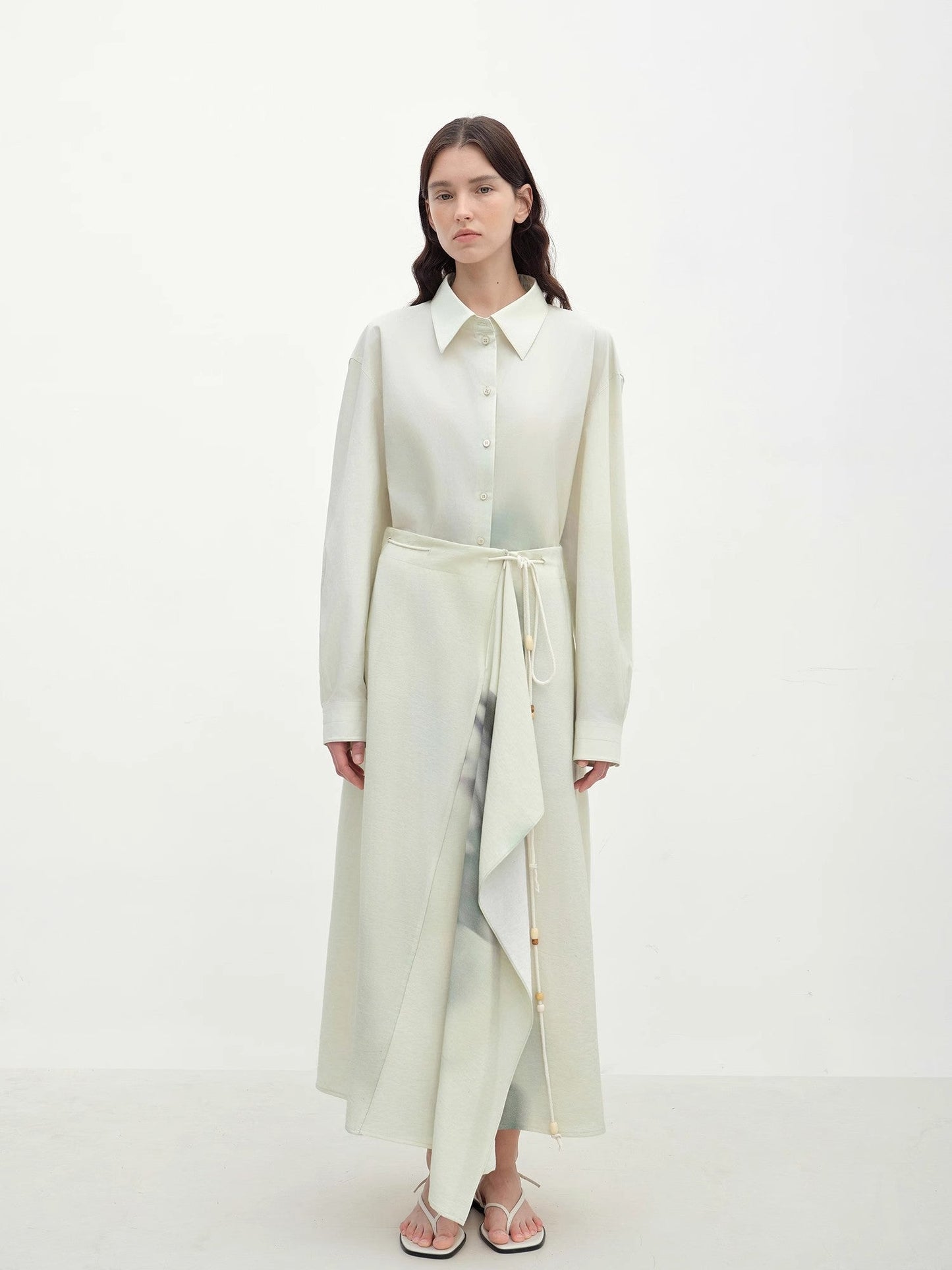 "Green Time" Lapel Side Slit Two-Wear Cotton Printed Shirt