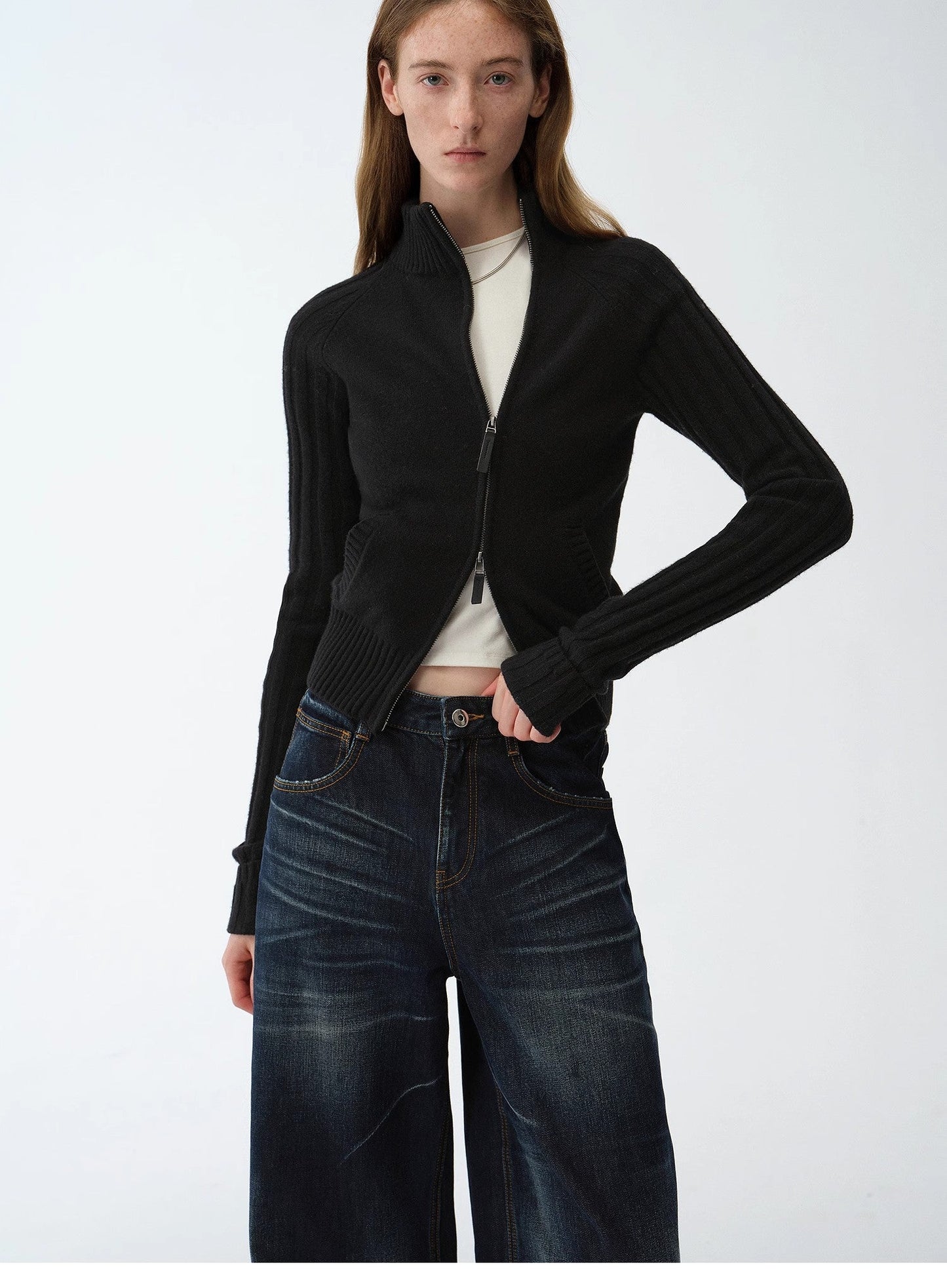 "Senna Melody" Oblique Placket Fine Merino Wool and Cotton Blend Zipper Knitted Cardigan Top for Women