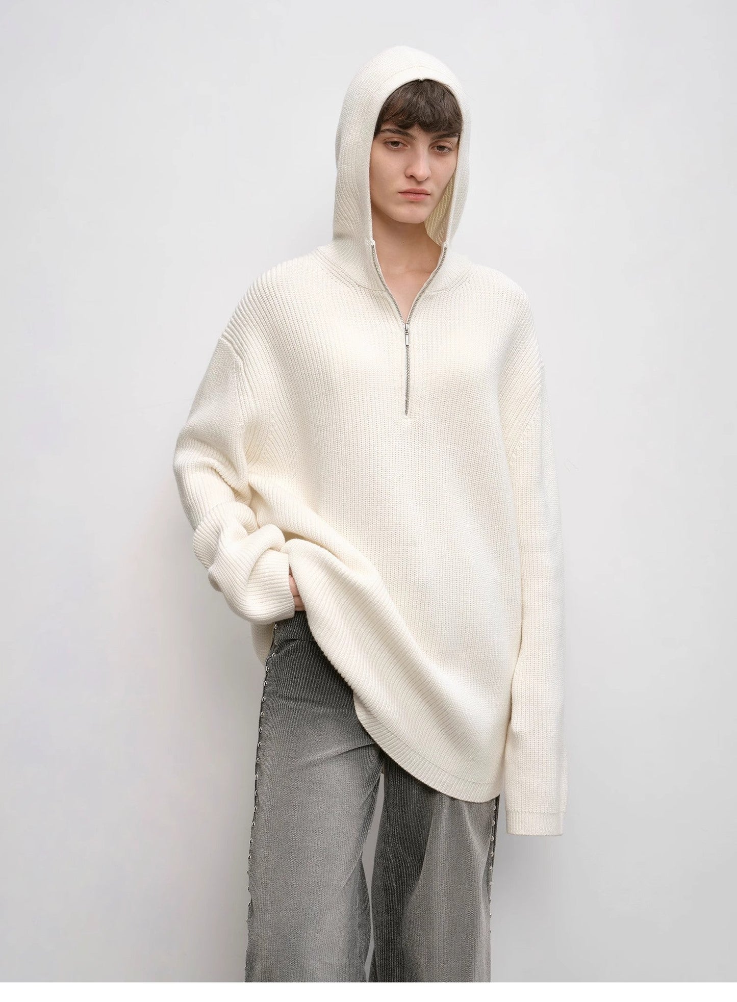 "Autumn Ticket" Simple and Versatile Zhongding 30s Wool Blend Hoodie Zipper Round Neck Sweater