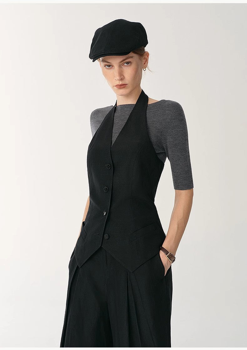 Silk Linen Halterneck Sleeveless Short Vest Women's Top