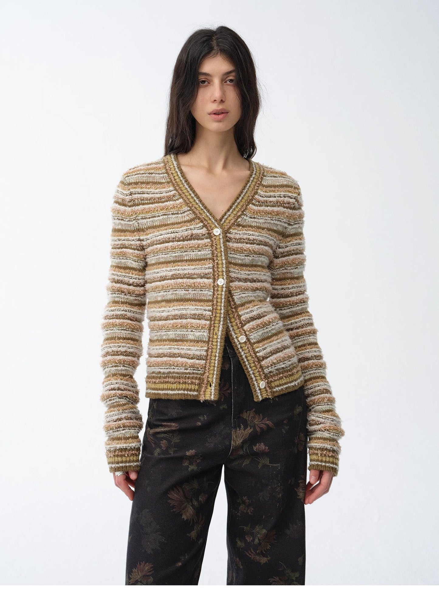 "Nice Weekend" Striped Mixed Woven V-Neck Early Spring Layered Knitted Cardigan Top/Vest