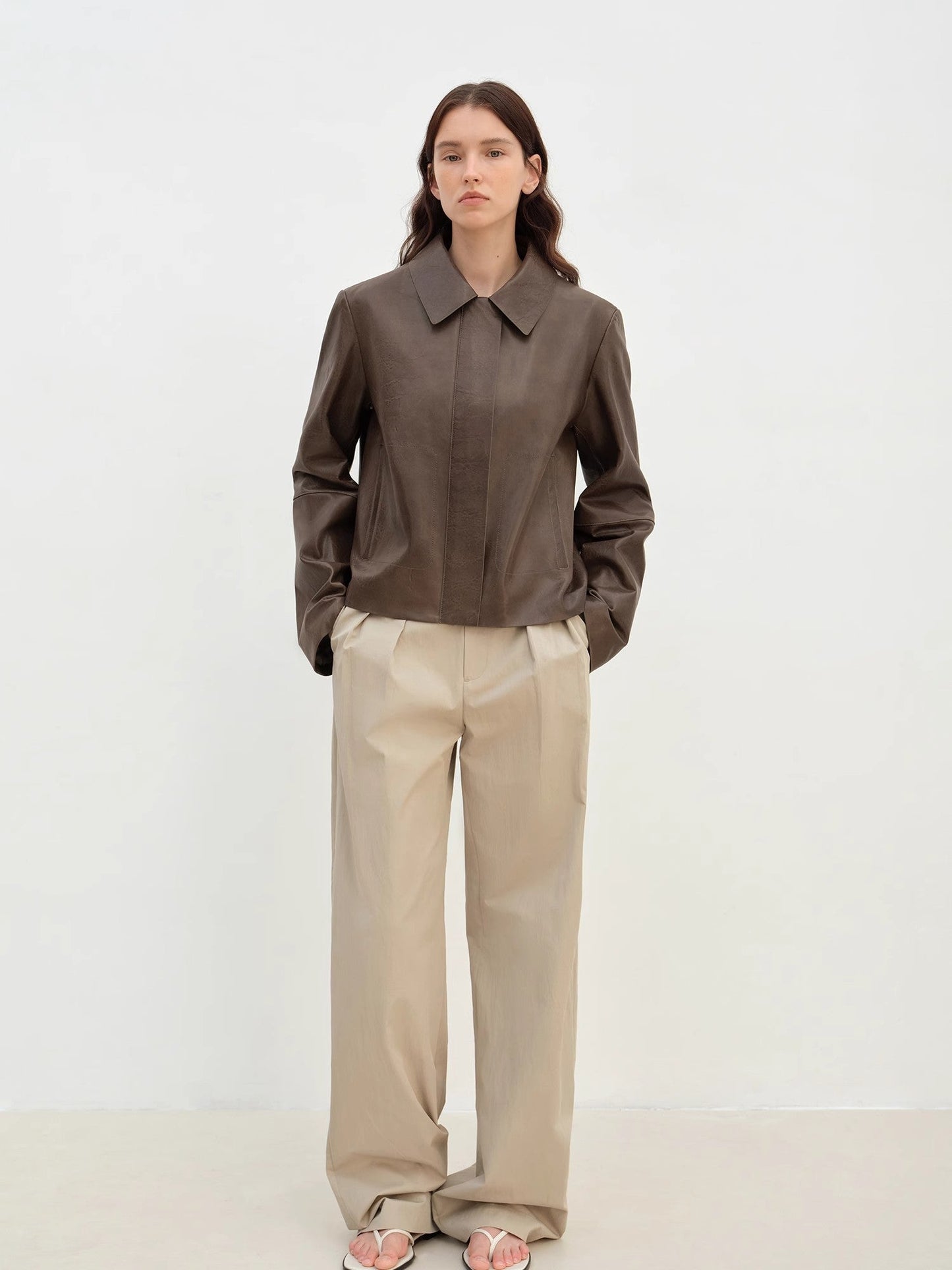 Two-Tone Wax Sheepskin Short Jacket Leather Coat Women